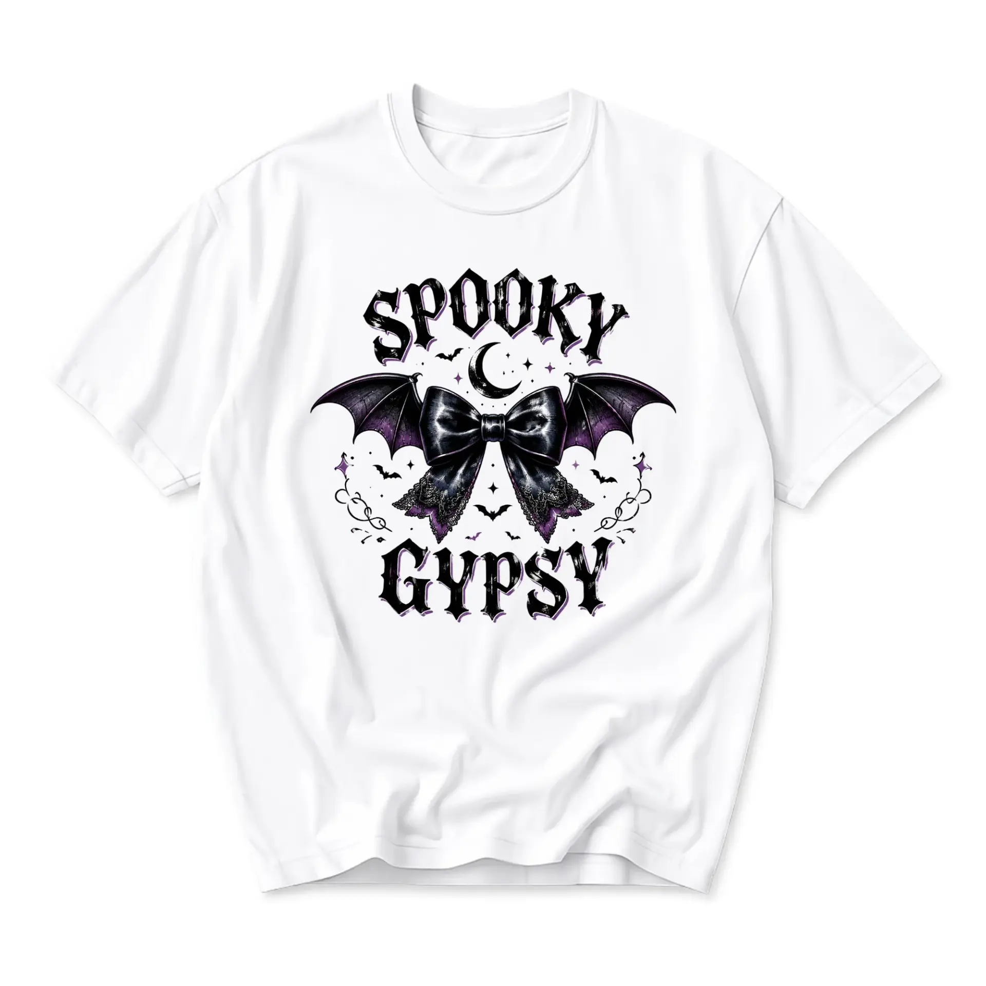 Graphic Tee Spooky Gypsy Bow Design Unisex Crew Neck Short Sleeve Casual Cotton Blend Shirt for Everyday Fashion