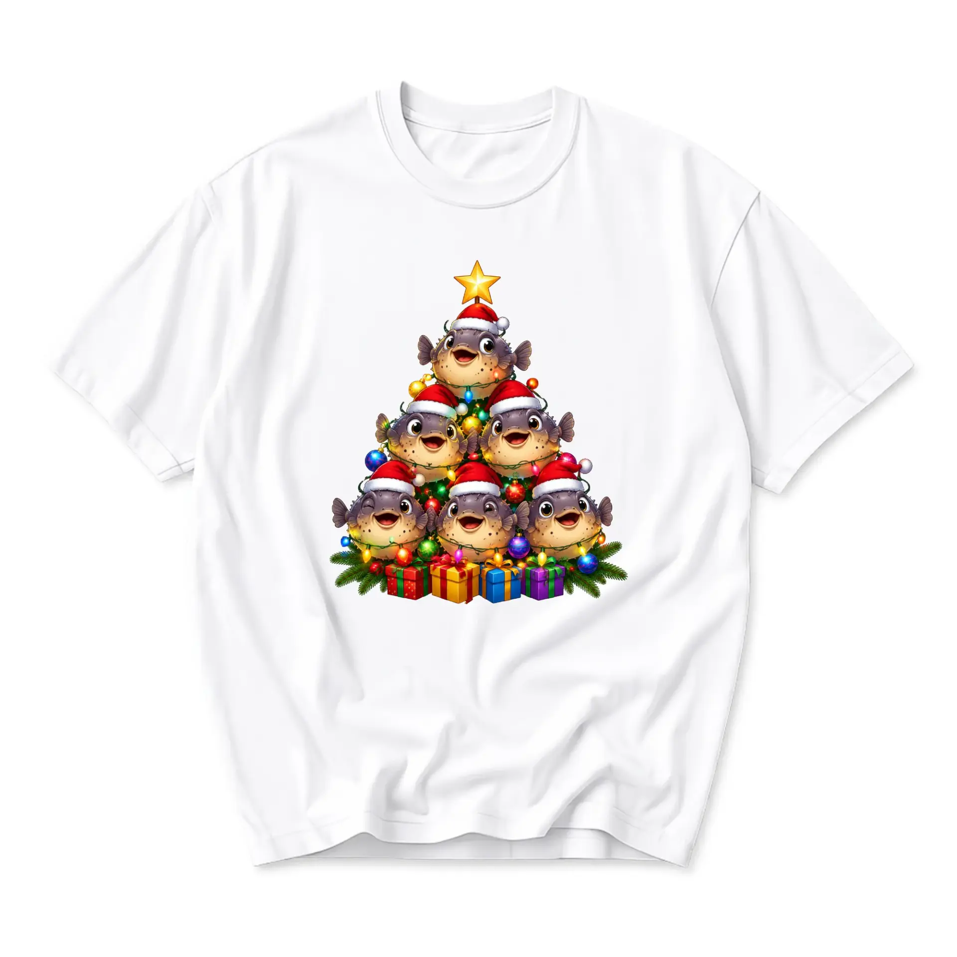 Funny Shirt Puffer Fish Christmas Tree Graphic Tee Unisex Casual Crew Neck Soft Cotton Blend Holiday Apparel White