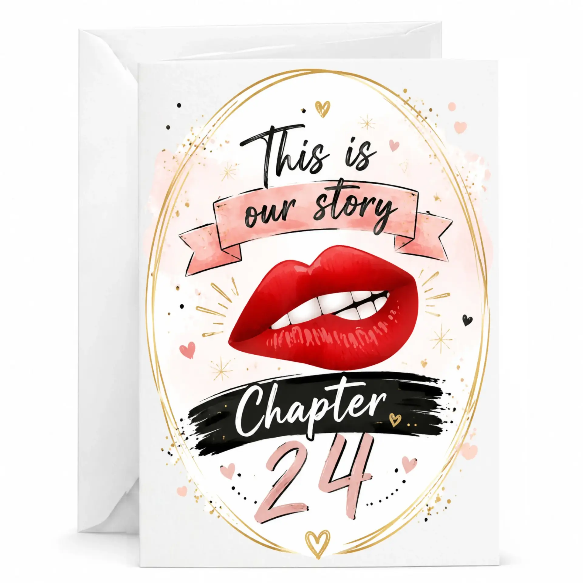 Greeting Card for Anniversary or Birthday Featuring Red Lips and Romantic Story Design for Significant Other
