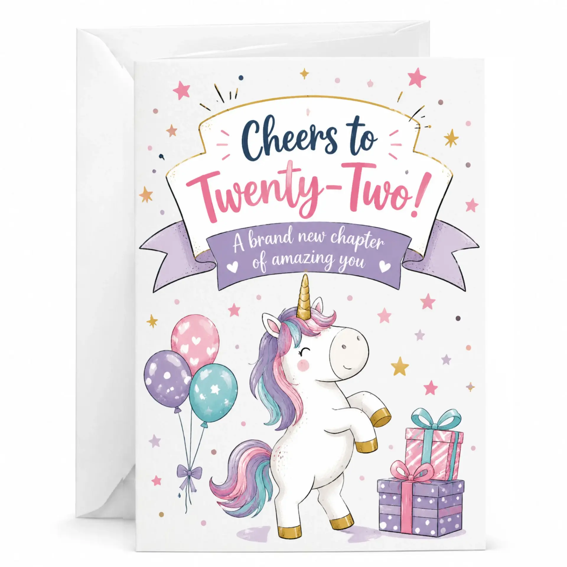 Birthday Card Cheers to Twenty-Two Cute Magical Unicorn Illustration with Colorful Balloons and Gift Boxes