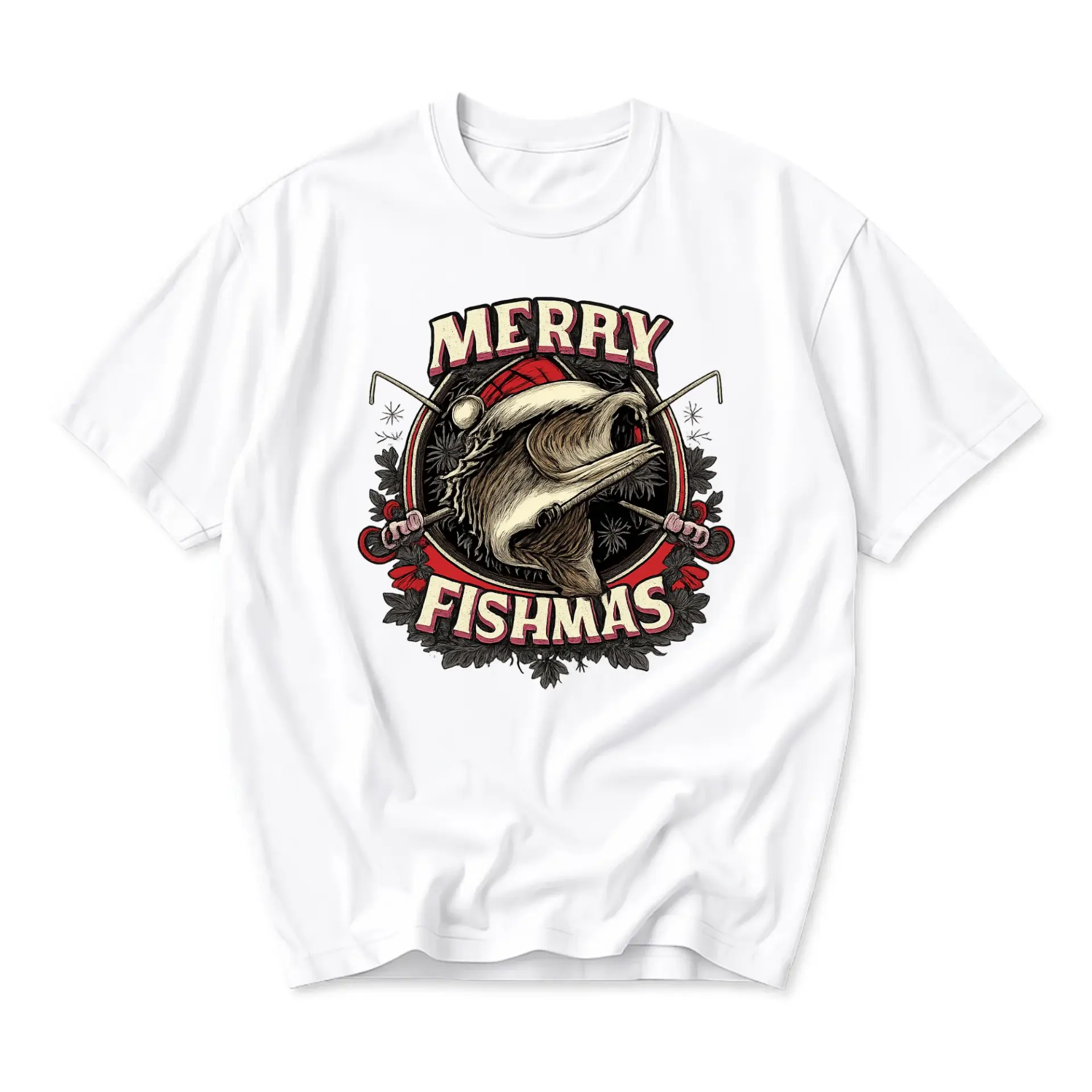 Funny Shirt Merry Fishmas Holiday Fishing Graphic Tee Unisex Short Sleeve Casual Crew Neck Apparel for Seasons