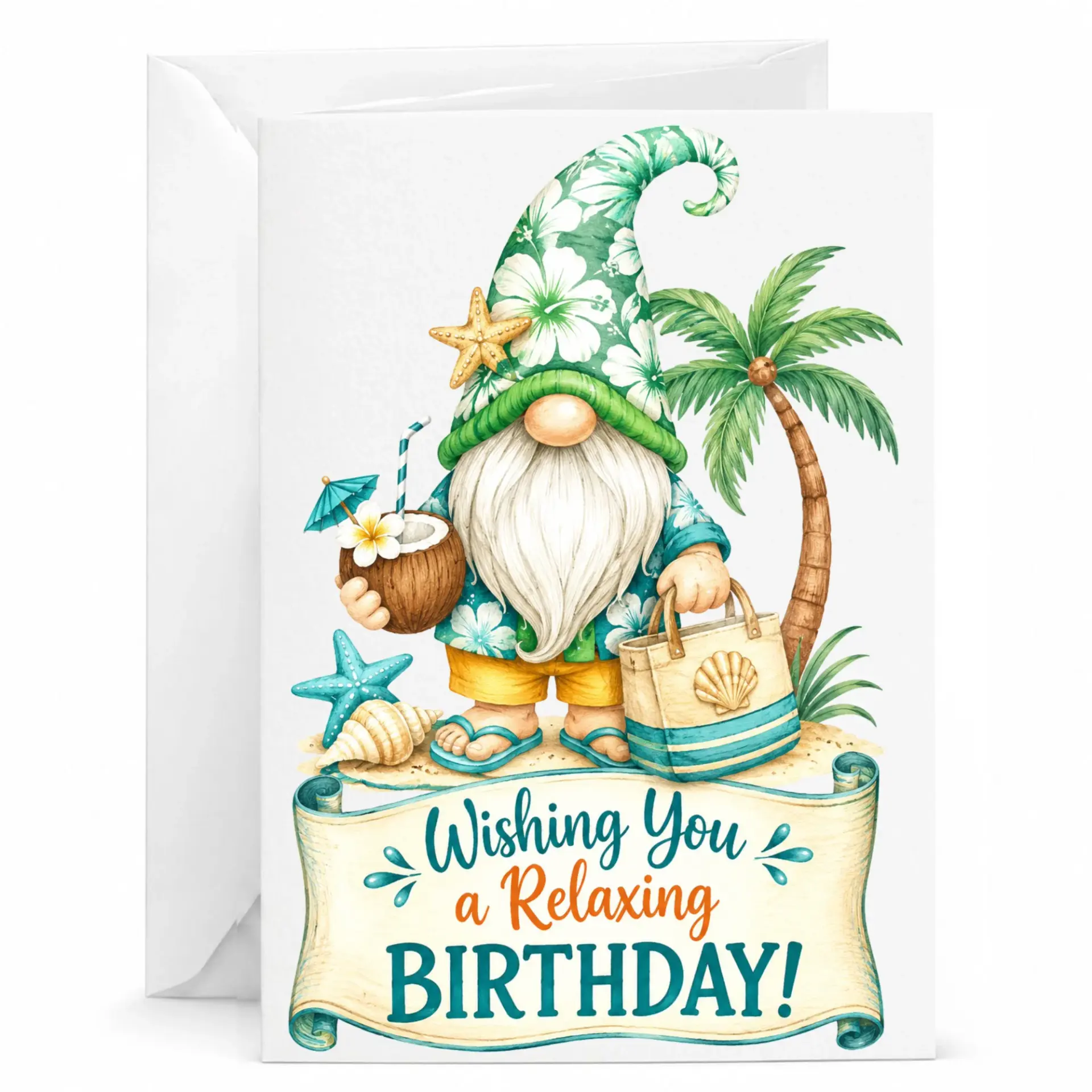Birthday Card Featuring Tropical Beach Gnome Illustration for Relaxing and Summer Wishes