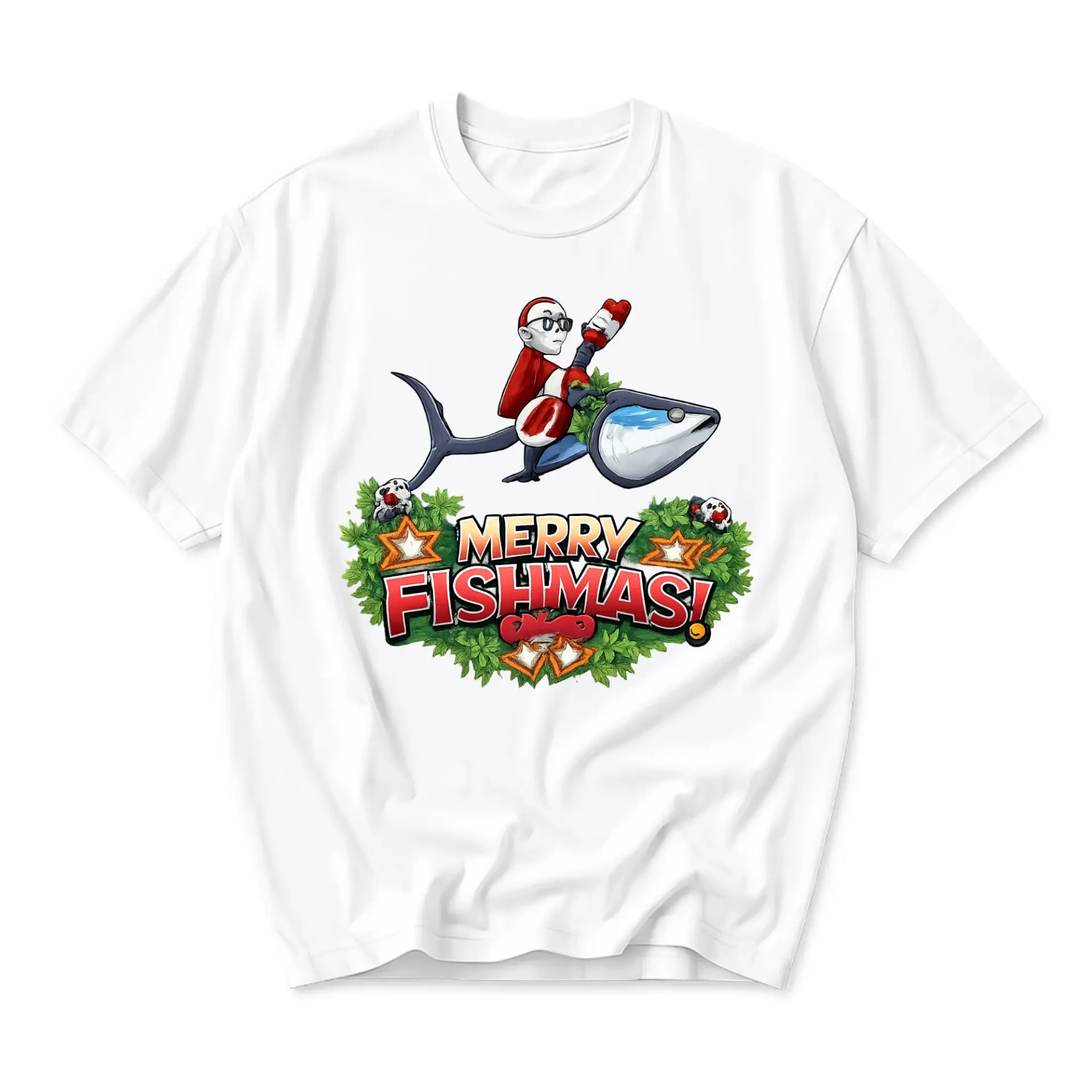 Funny Shirt Merry Fishmas Holiday Graphic Tee Casual Unisex Crew Neck Top Soft Cotton Everyday Apparel White Summer