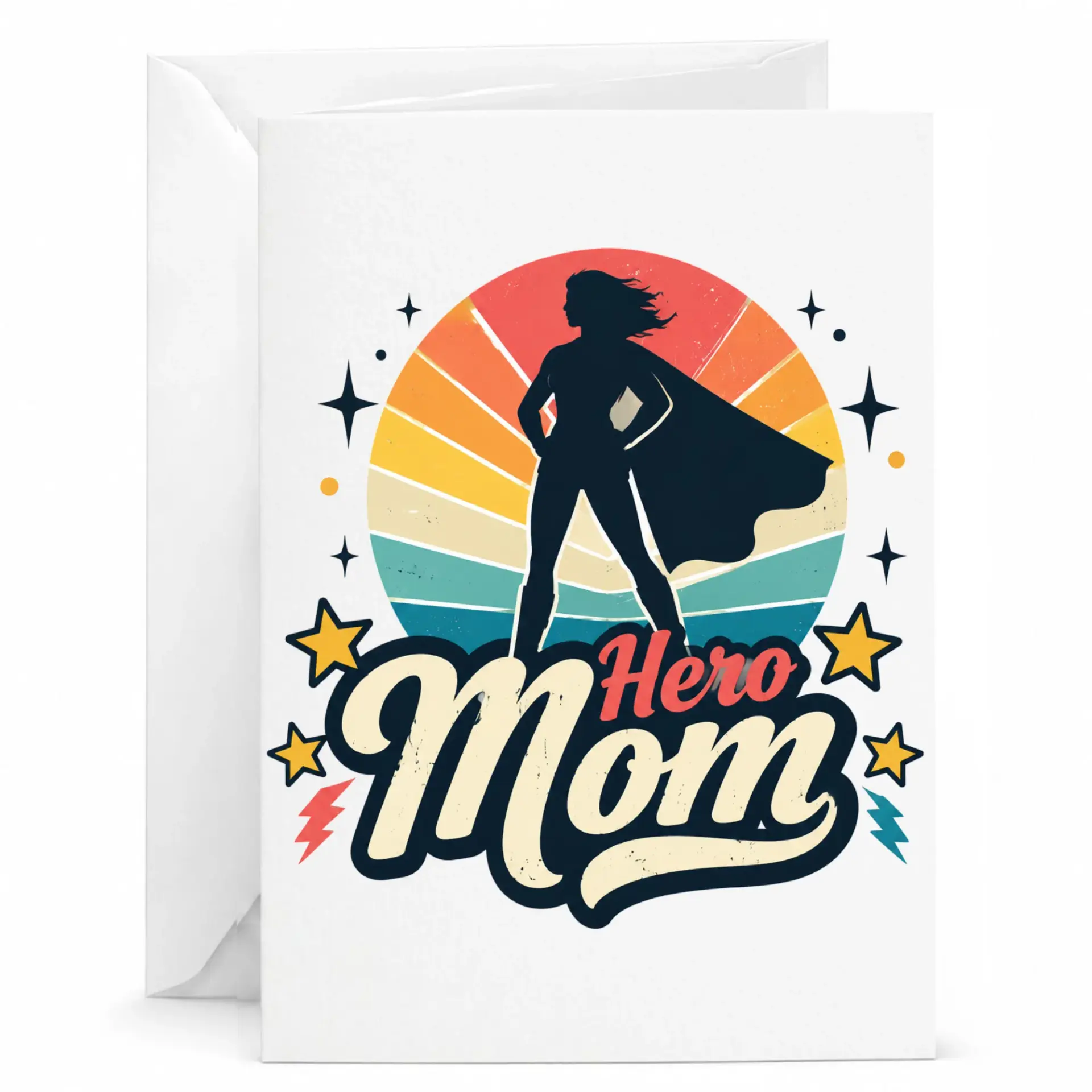 Greeting Card Hero Mom Superhero Silhouette Design Retro Style Appreciation Note for Mother with Matching Envelope