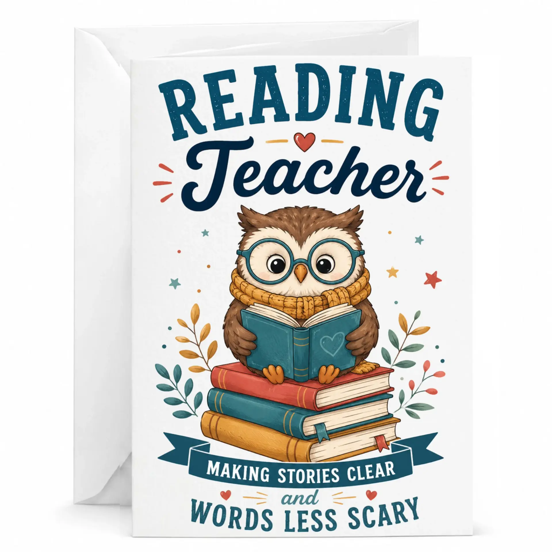 Reading Teacher Appreciation Greeting Card Owl with Books Illustration for Educators Professional Stationery Envelope