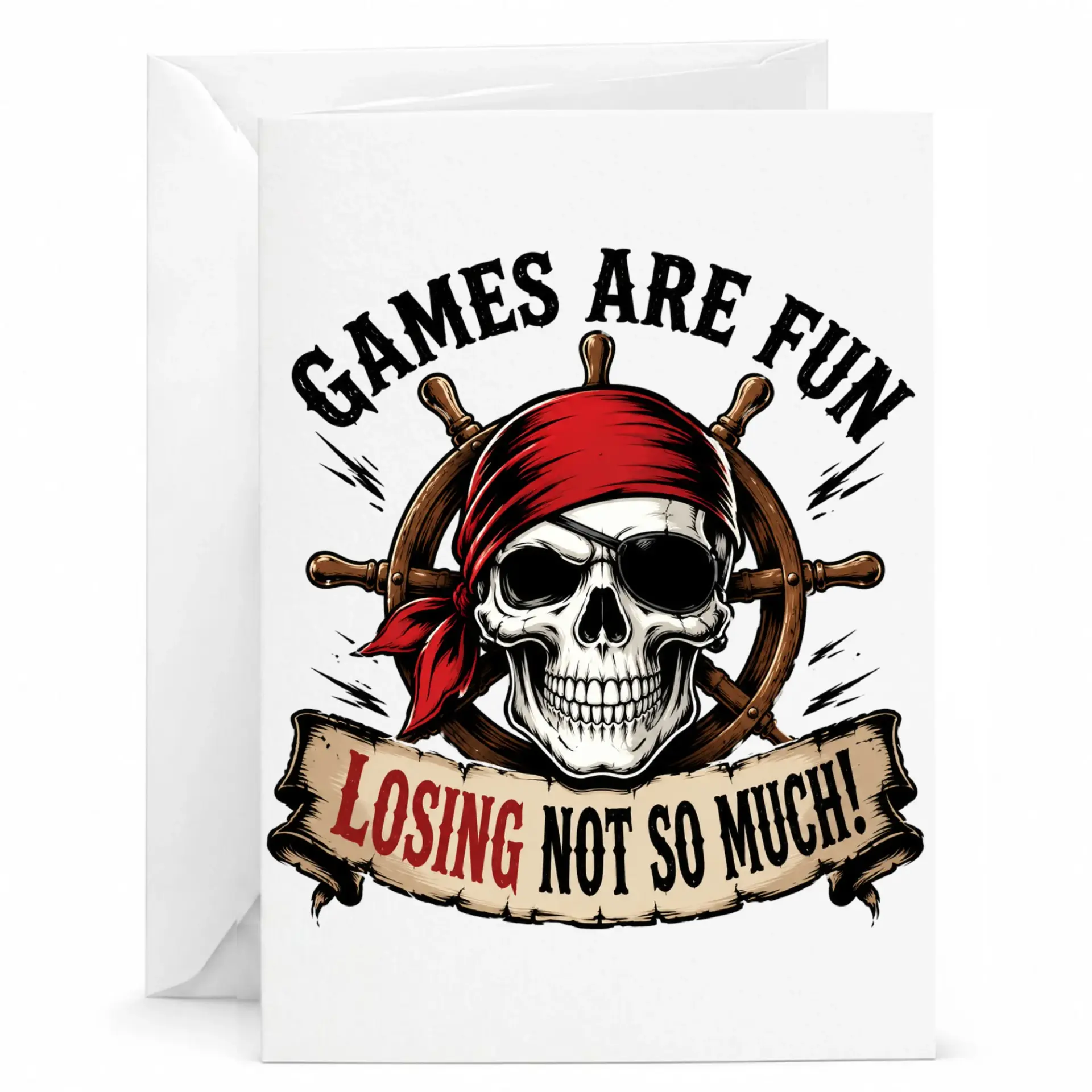 Funny Pirate Gamer Greeting Card Skull with Patch and Ship Wheel Design for Birthday or Game Enthusiasts