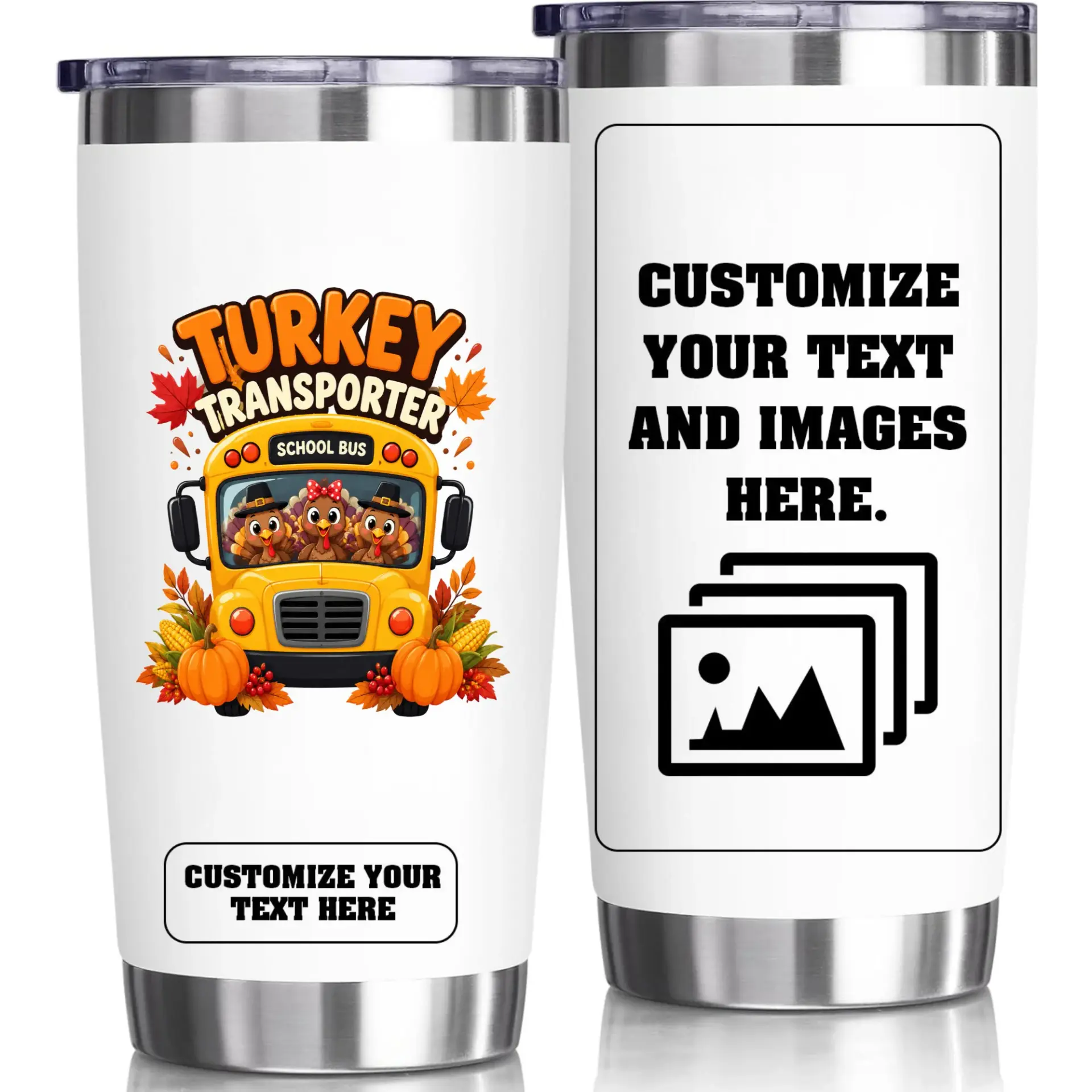 Stainless Steel Tumbler Turkey Transporter School Bus Autumn Design 20oz Vacuum Insulated Beverage Cup for Travel