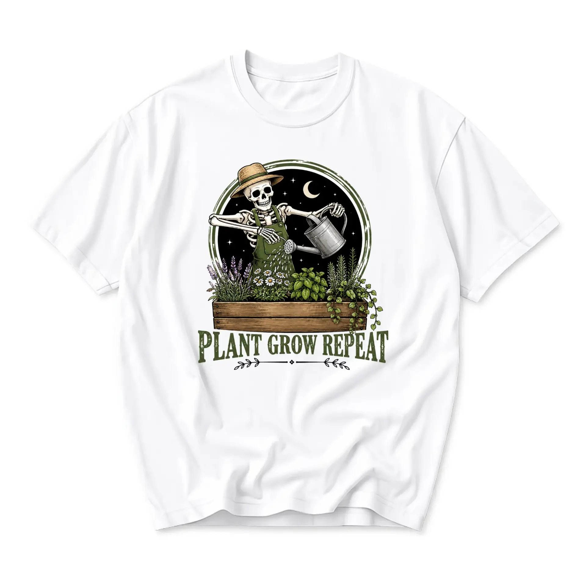 Graphic Tee Plant Grow Repeat Skeleton Gardener Unisex Casual Cotton Crew Neck Shirt for Garden Enthusiasts White Large