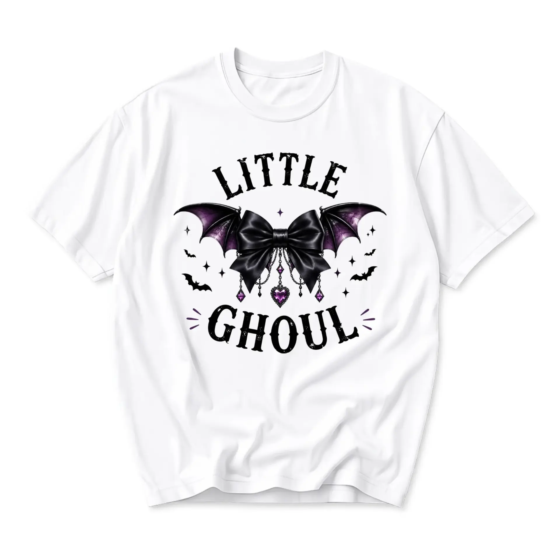 Graphic Tee Little Ghoul Bat Bow Gothic Print Unisex Crew Neck Shirt for Casual Everyday Wear and Self Expression