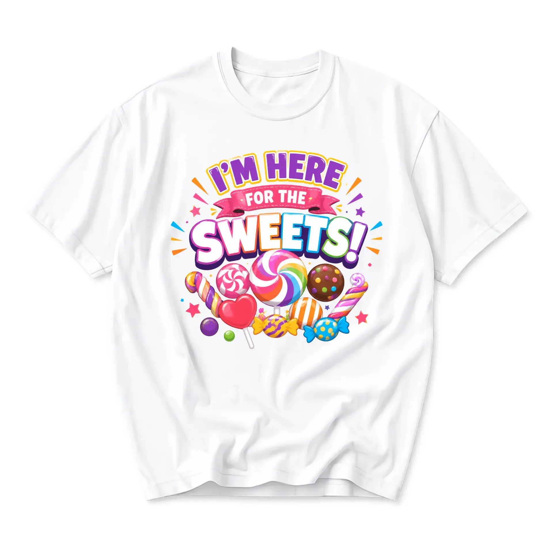 Graphic Tee I'm Here for the Sweets Unisex T-Shirt Colorful Candy Art Print Casual Crew Neck Cotton Blend Shirt