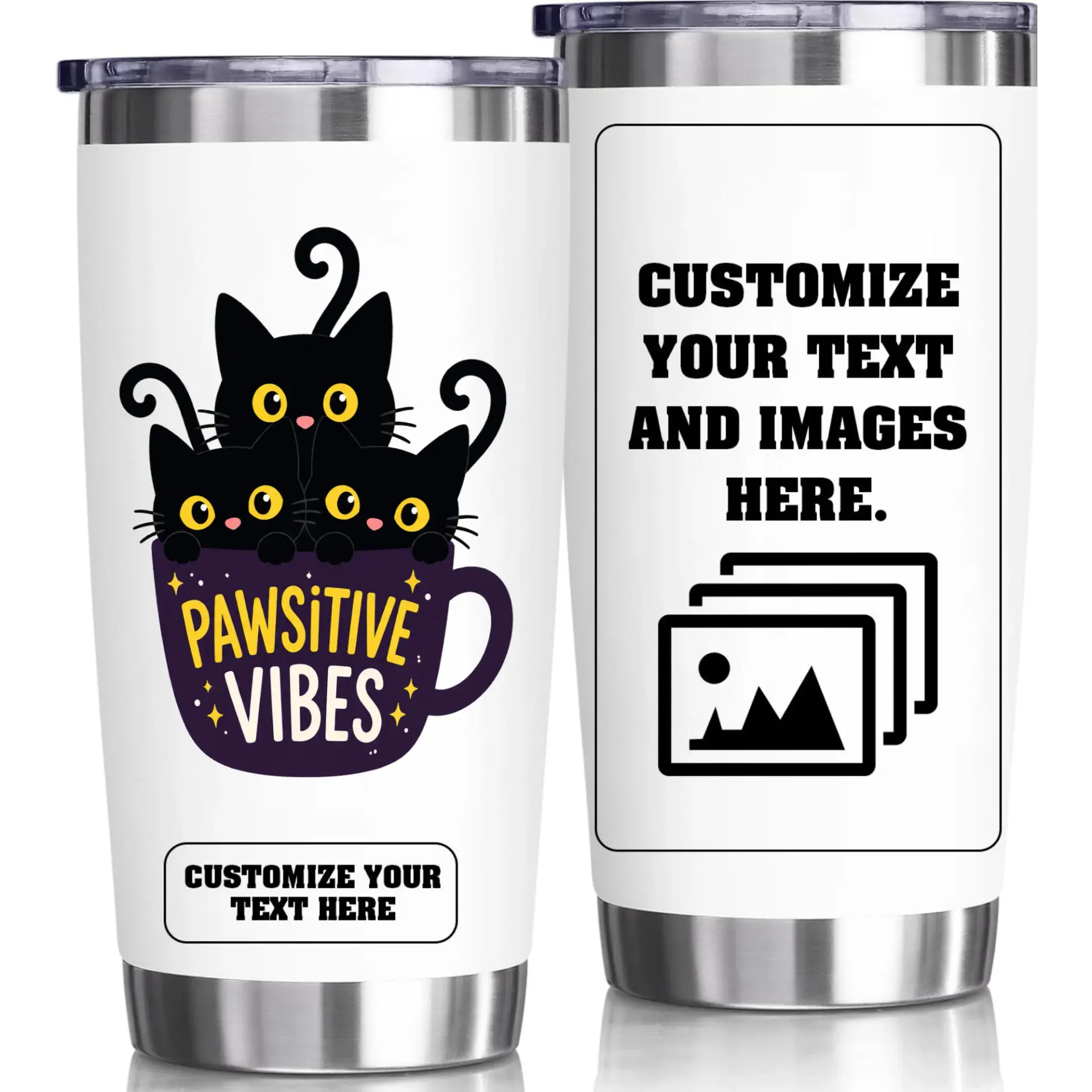 Stainless Steel Tumbler 20oz Vacuum Insulated Coffee Cup with Personalized Black Cat Pawsitive Vibes Print Design