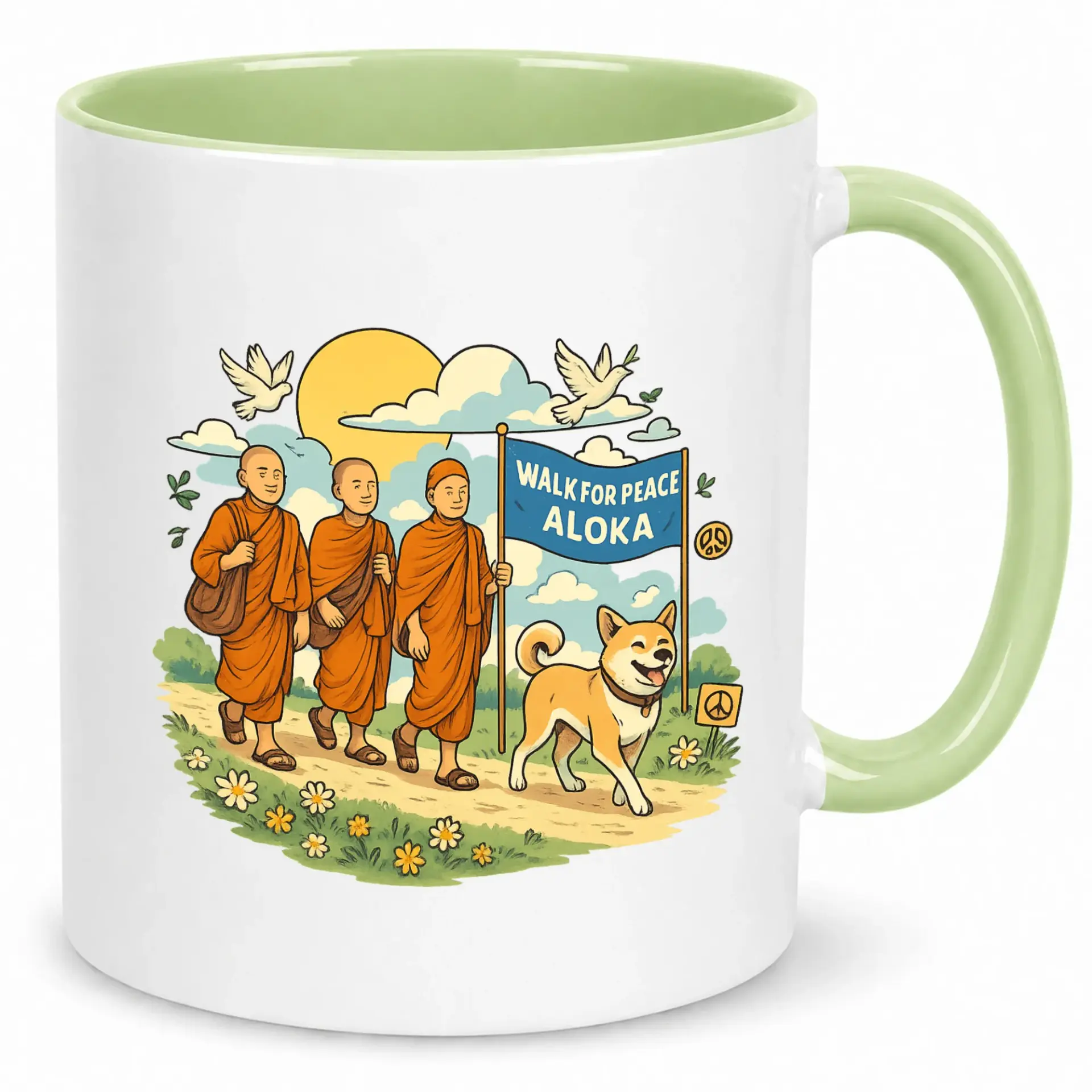 Peaceful Ceramic Coffee Mug, Walk for Peace Aloka Design with Monks and Shiba Inu Dog, Inspirational Drinkware for Home or Office Use