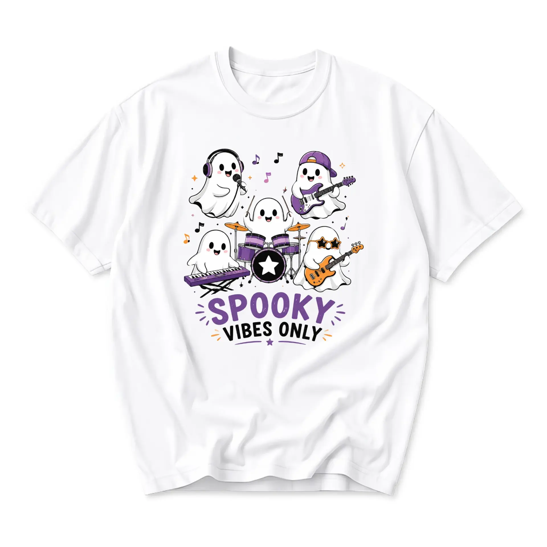 Graphic Tee Spooky Vibes Only Shirt Cute Ghost Rock Band Unisex Cotton Crew Neck Casual Short Sleeve Apparel