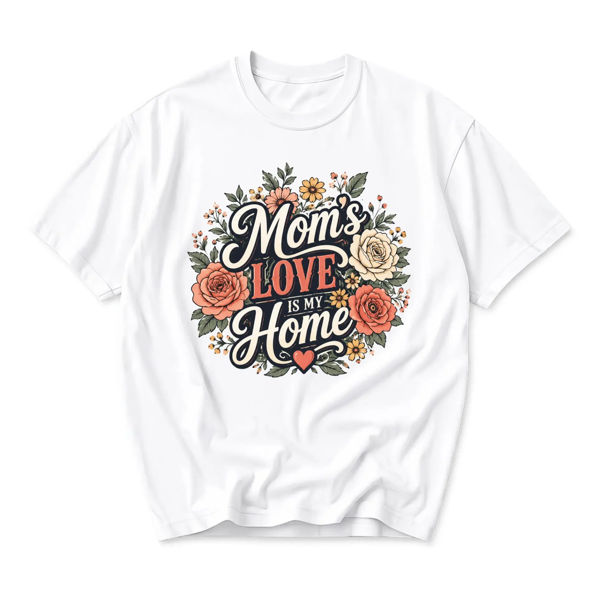 Graphic Tee Mom's Love Is My Home Floral Design Unisex Short Sleeve Crew Neck Comfortable Casual Apparel White T-Shirt