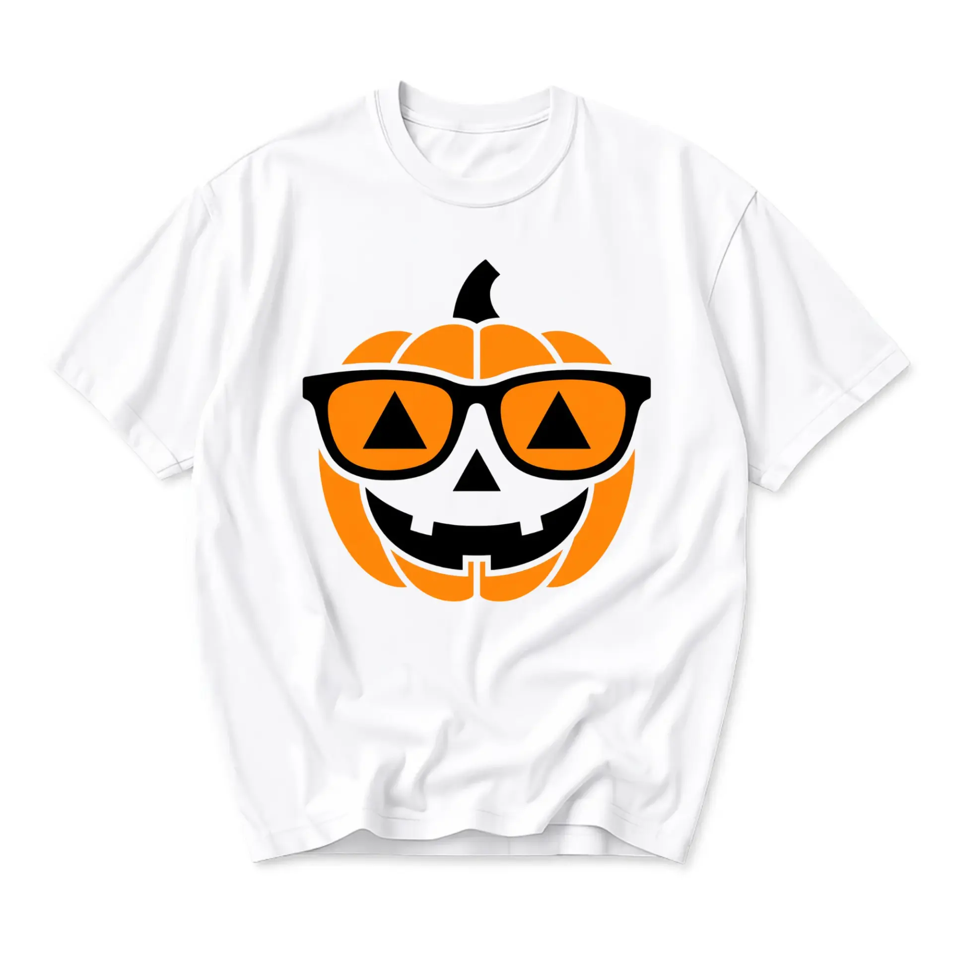 Graphic Tee Unisex Crew Neck T-Shirt Featuring a Cool Orange Pumpkin with Black Sunglasses for Autumn Seasons