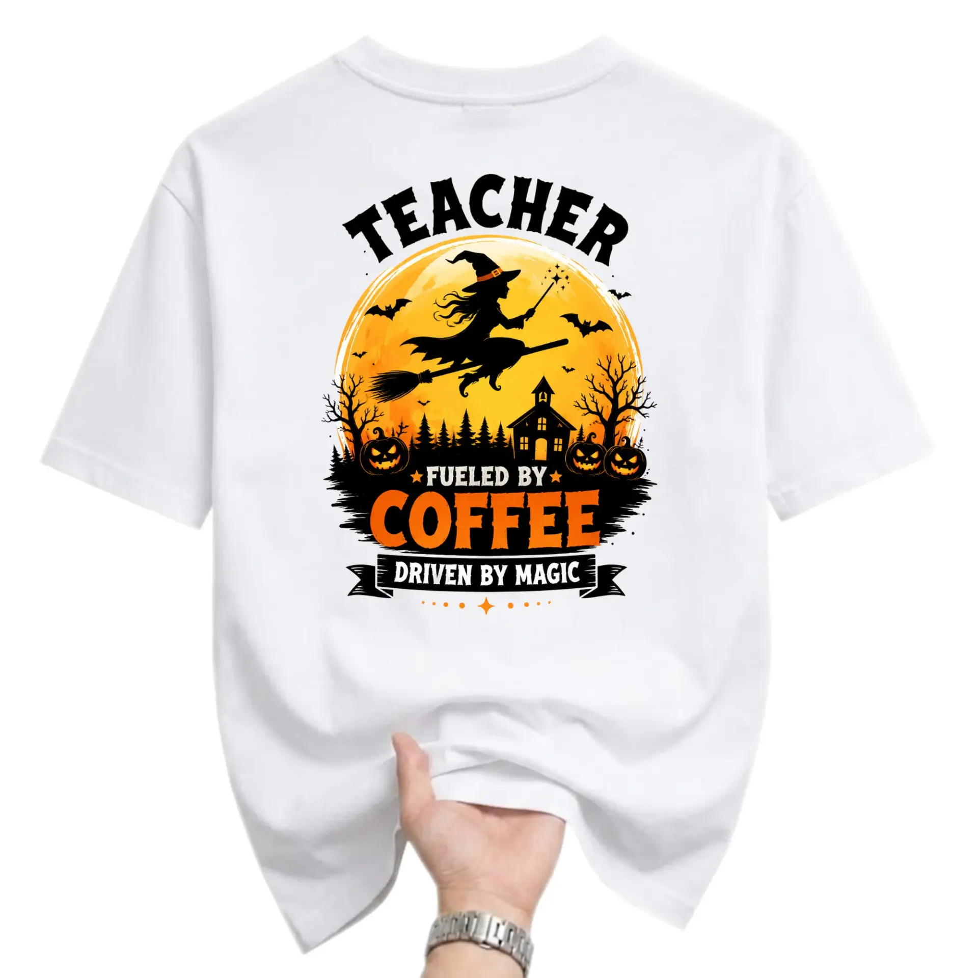 Graphic Tee Teacher Fueled by Coffee Driven by Magic Halloween Witch Shirt Unisex Crew Neck Casual Everyday Top