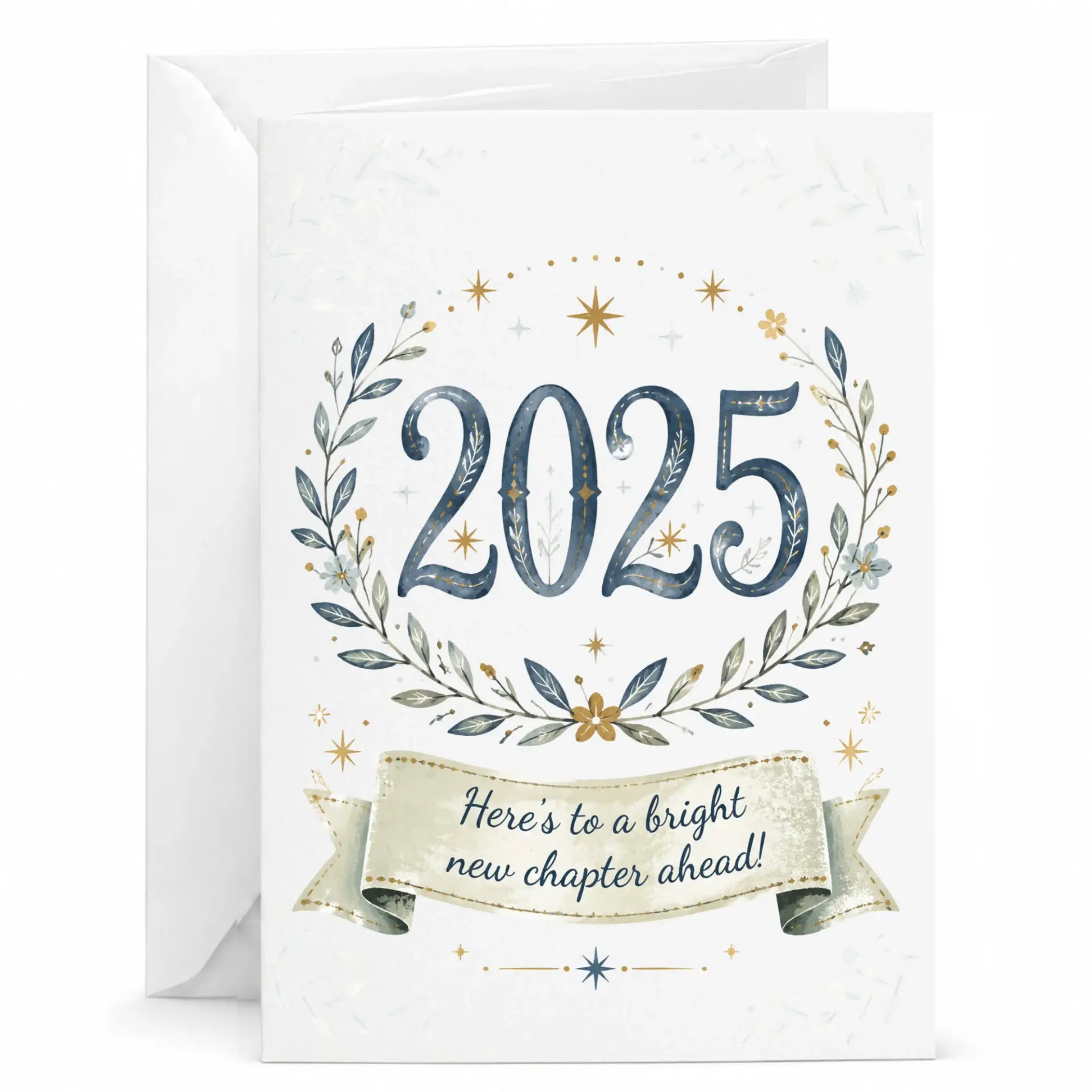 Greeting Card 2025 New Year Wishes Featuring Elegant Floral Wreath Design and Bright Chapter Inspiring Sentiment