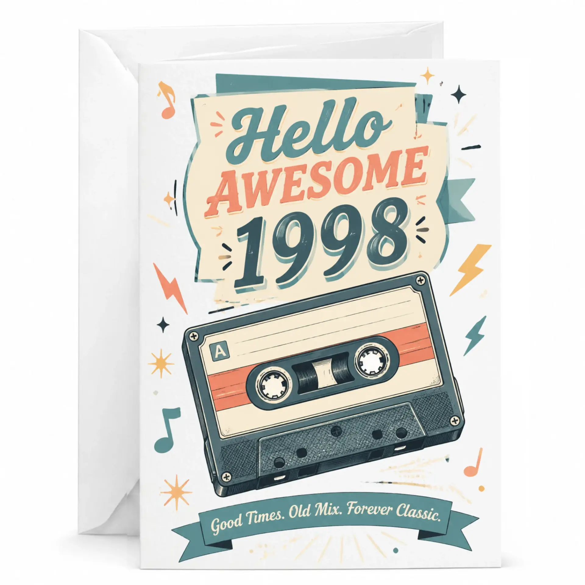 Birthday Card Hello Awesome 1998 Retro Cassette Tape Design Funny Vintage Greeting Card for Milestone Celebration