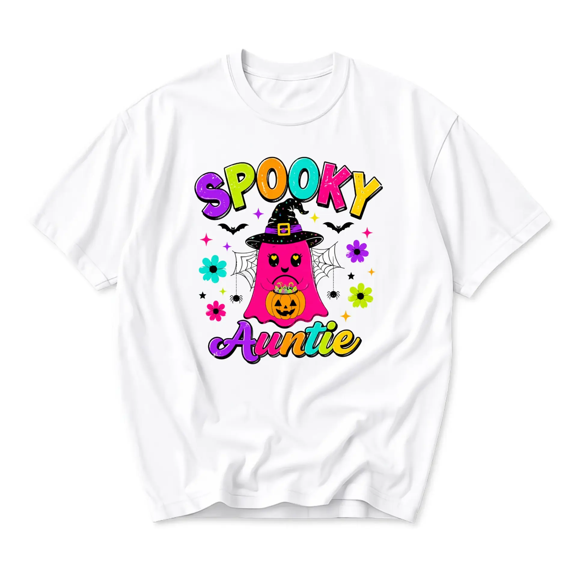 Funny Shirt Spooky Auntie Graphic Tee Retro Halloween Ghost Pumpkin Design Unisex Crew Neck Casual Cotton Blend Top