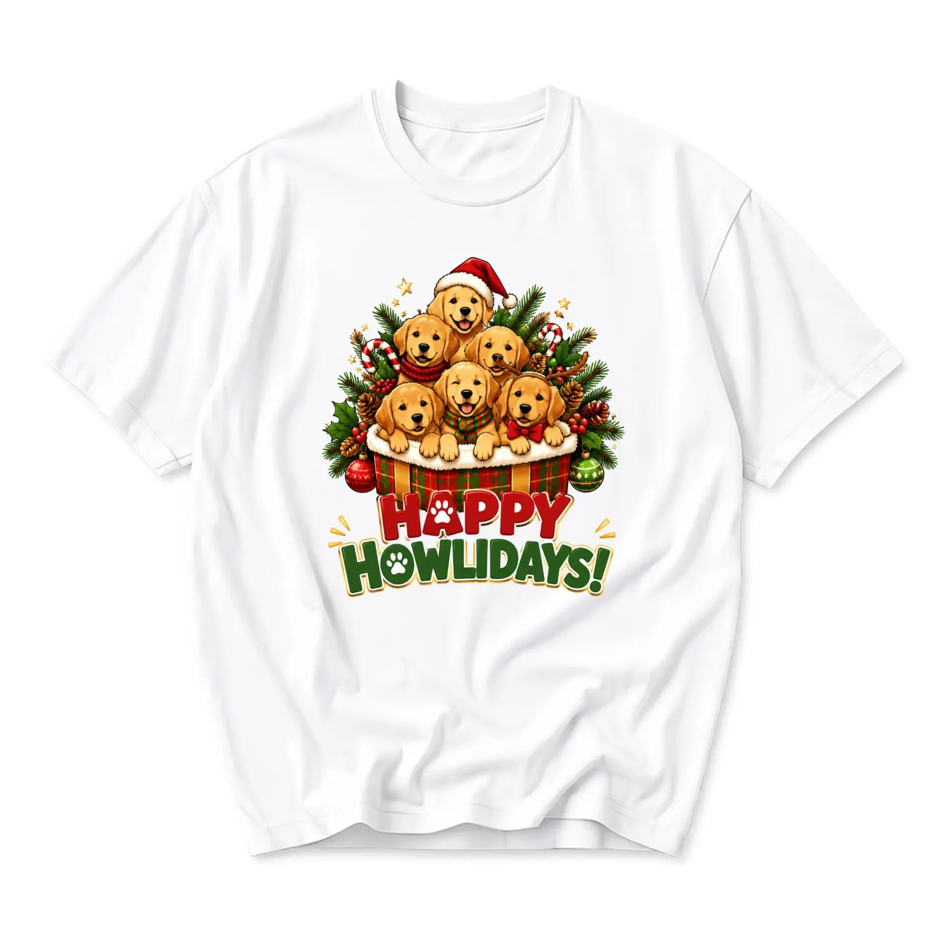 Graphic Tee Happy Howlidays Golden Retriever Puppies Christmas Unisex Crew