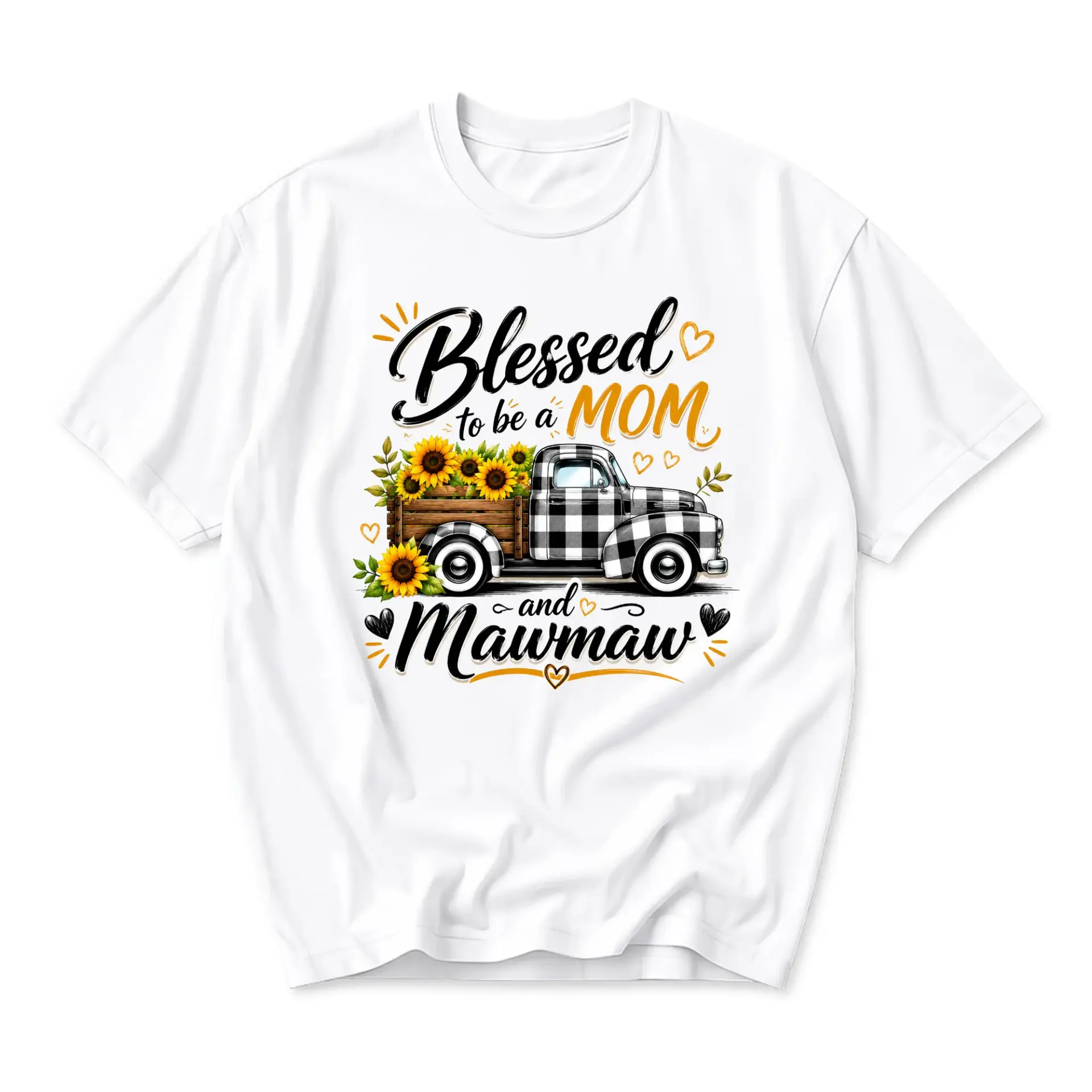 Graphic Tee Blessed to Be a Mom and Mawmaw Sunflower Farm Truck Unisex Crew Neck Casual Everyday Printed T-Shirt