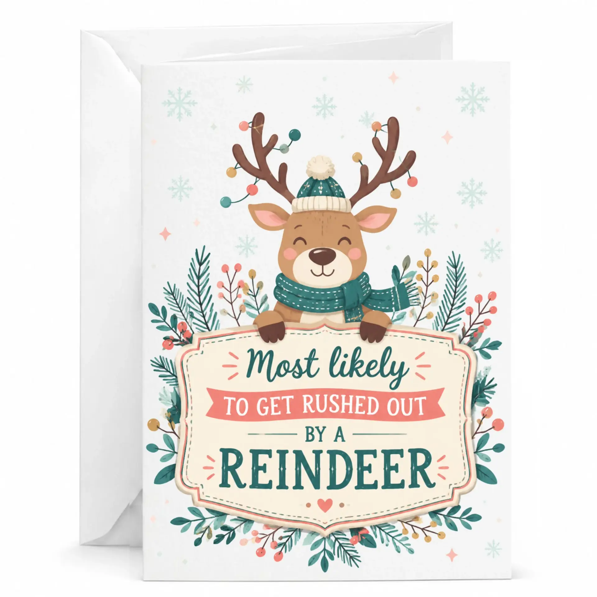 Funny Reindeer Holiday Greeting Card, Humorous Winter Seasonal Message Card with Envelope for Festive Seasonal Cheer