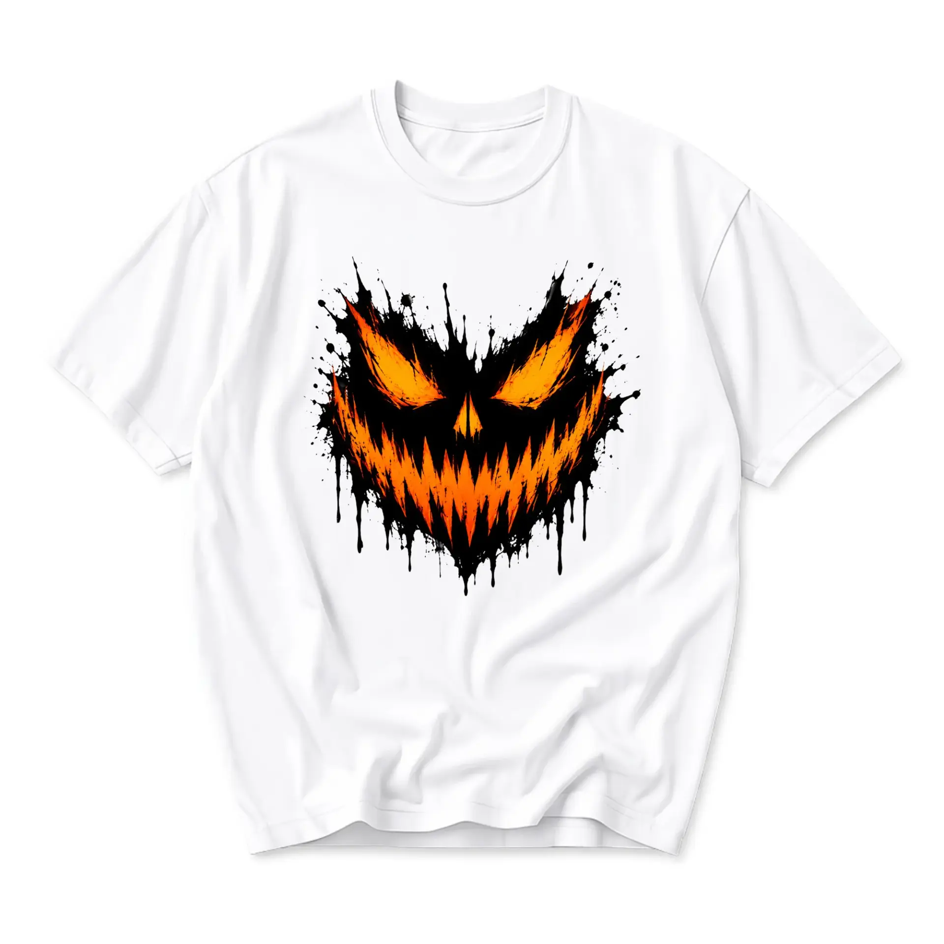 Graphic Tee Unisex Crew Neck T-Shirt Featuring Spooky Halloween Pumpkin Face Artistic Paint Splatter Design
