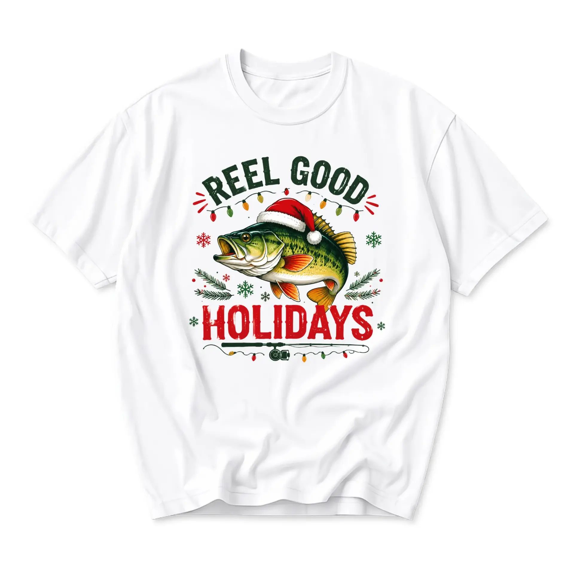 Graphic Tee Reel Good Holidays Fishing Christmas T-Shirt Unisex Crew Neck Seasonal Apparel for Outdoor Enthusiasts