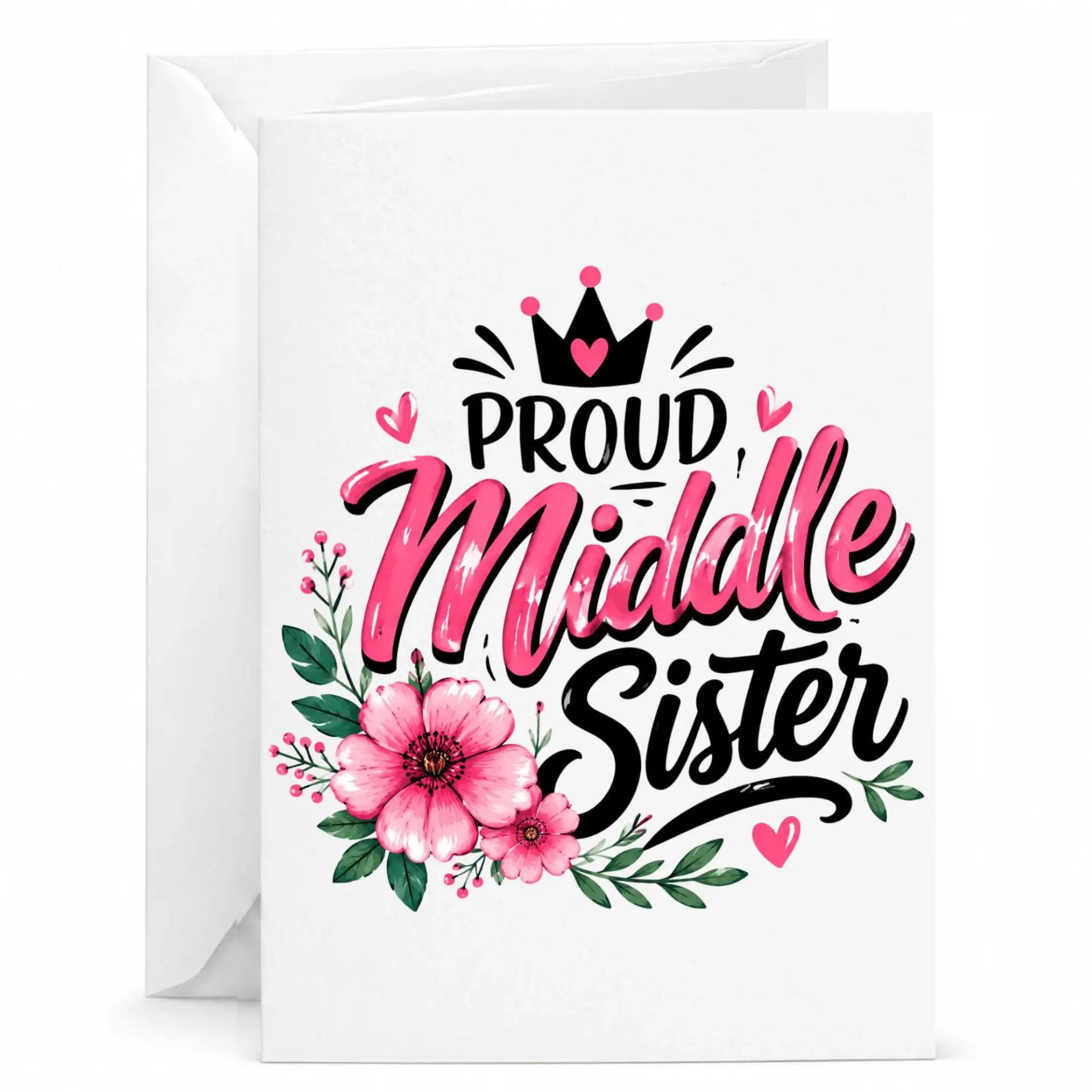 Greeting Card Proud Middle Sister Floral Design with Pink Flowers and Crown Illustration for Birthday or Just Because