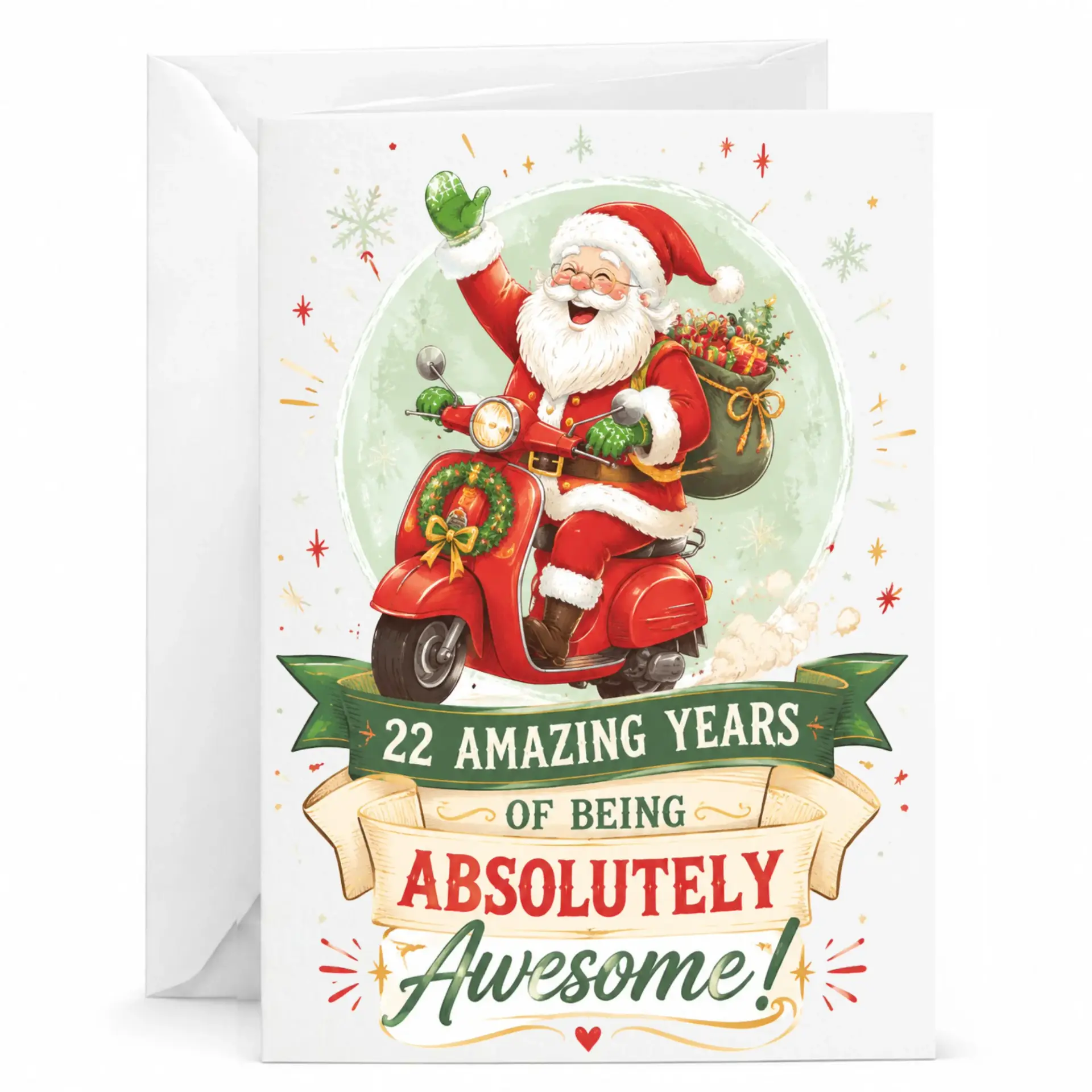 Funny Greeting Card 22nd Birthday Anniversary Gift for Anyone Being Awesome Featuring Santa Claus on a Red Scooter