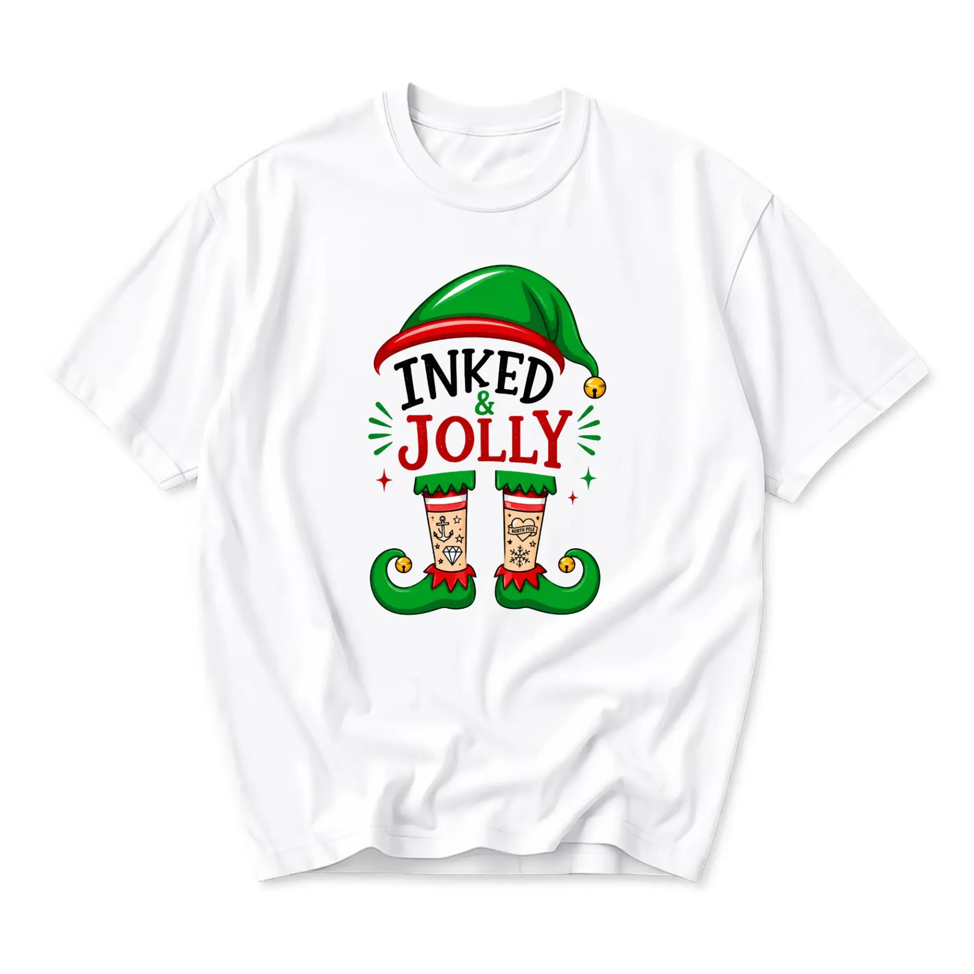 Graphic Tee Inked and Jolly Tattooed Legs Holiday Shirt Festive Seasonal