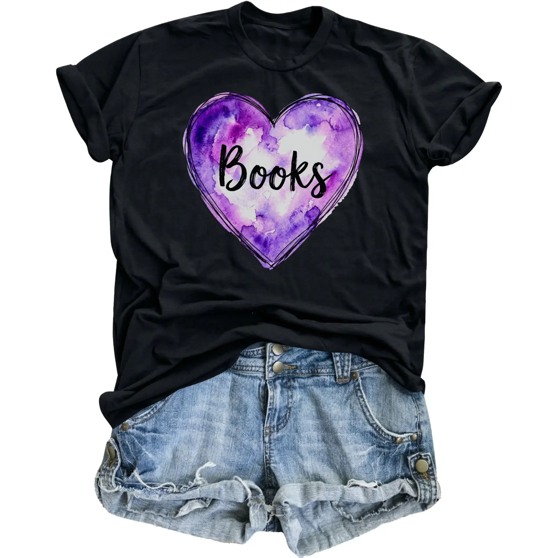 Graphic Tee Books Heart Print Unisex Casual Crew Neck T-Shirt for Readers and Literature Enthusiasts