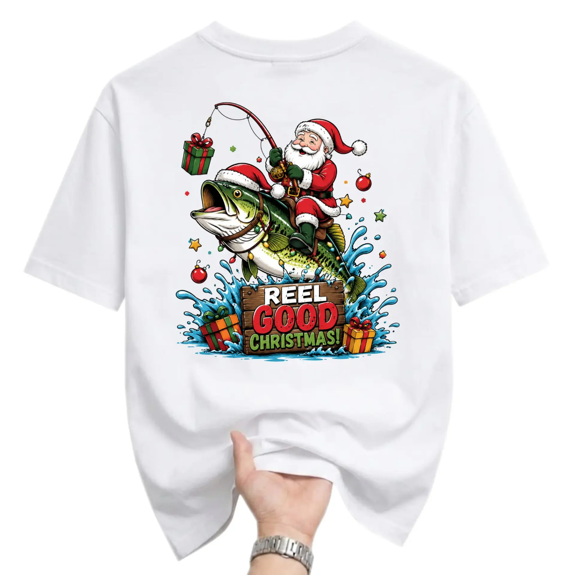 Funny Shirt Reel Good Christmas Graphic Tee Santa Claus Fishing Holiday Unisex Crew Neck Short Sleeve Casual Top