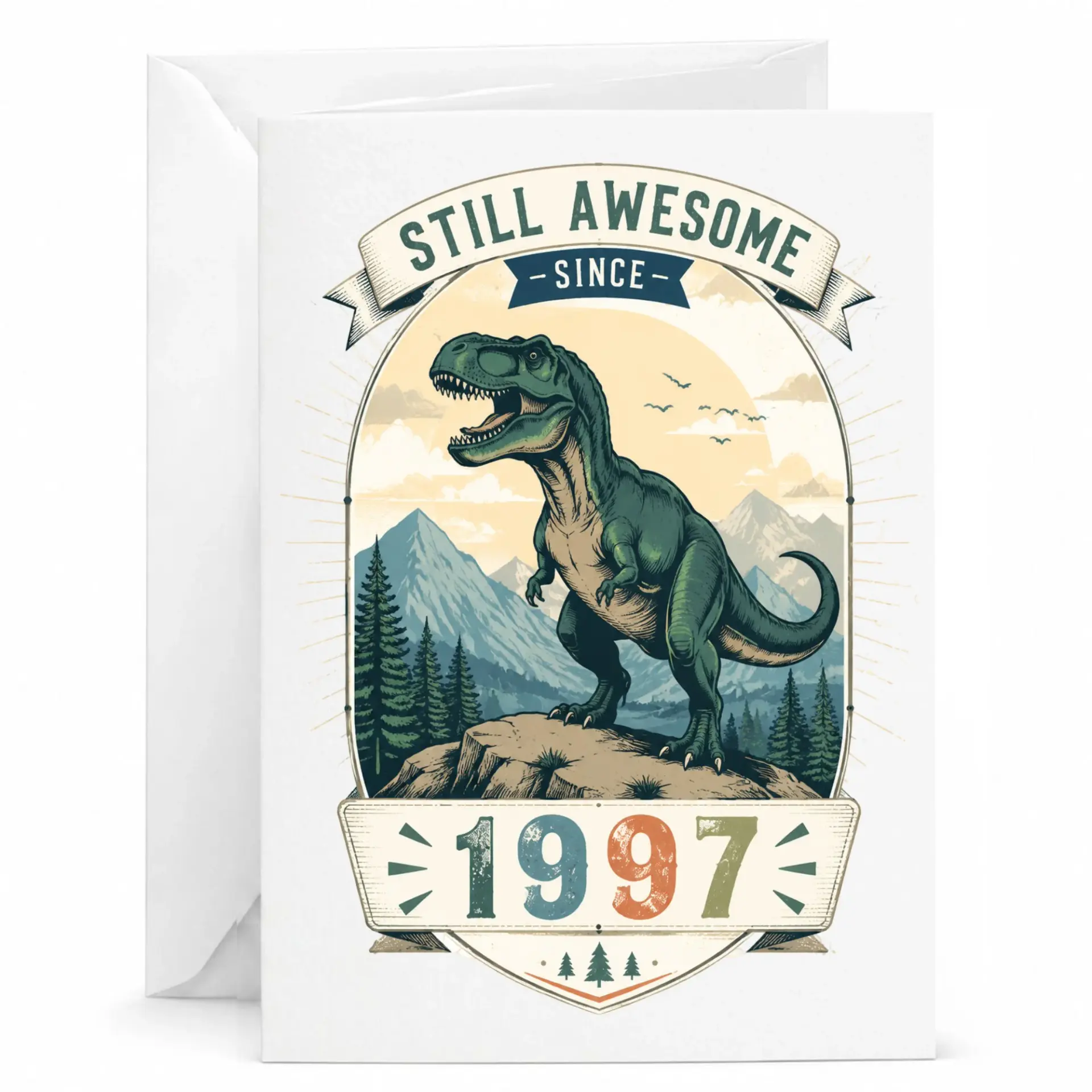 Funny Birthday Card Still Awesome Since 1997 Greeting Card with Dinosaur Graphic and Retro Mountain Landscape Design