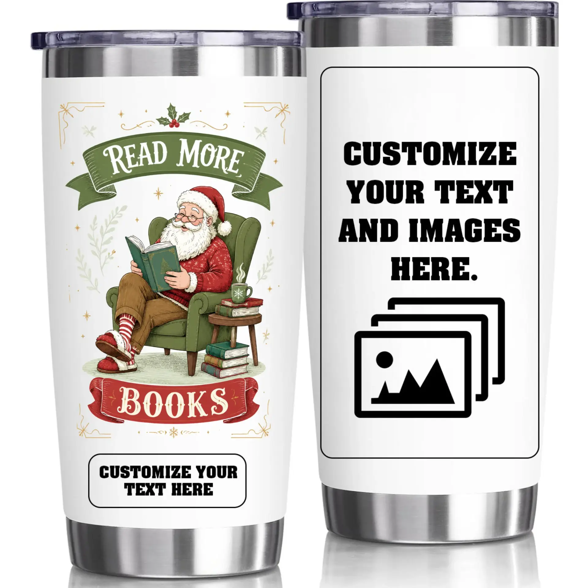 Stainless Steel Tumbler 20oz Insulated Cup Holiday Santa Reading Books Design Personalized Travel Mug for Coffee