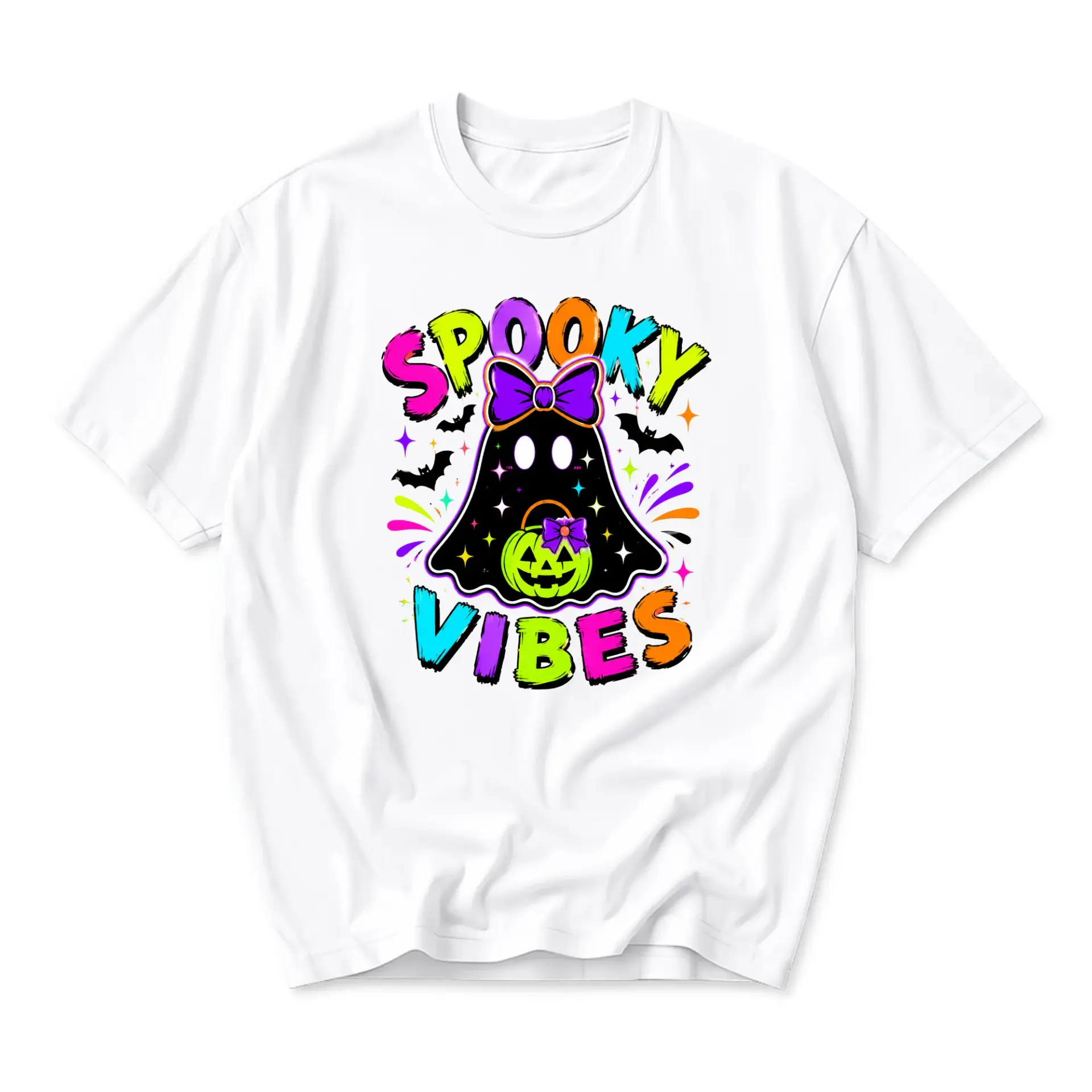 Graphic Tee Spooky Vibes Ghost Halloween Shirt Unisex Casual Crew Neck Comfortable Cotton Blend Everyday Apparel