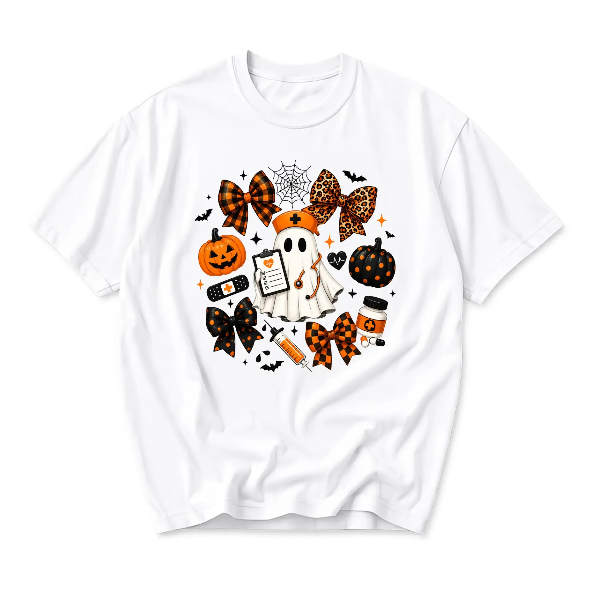 Graphic Tee Unisex Crew Neck T-Shirt Featuring Spooky Medical Ghost Print for Casual Fall Seasonal Style Wear