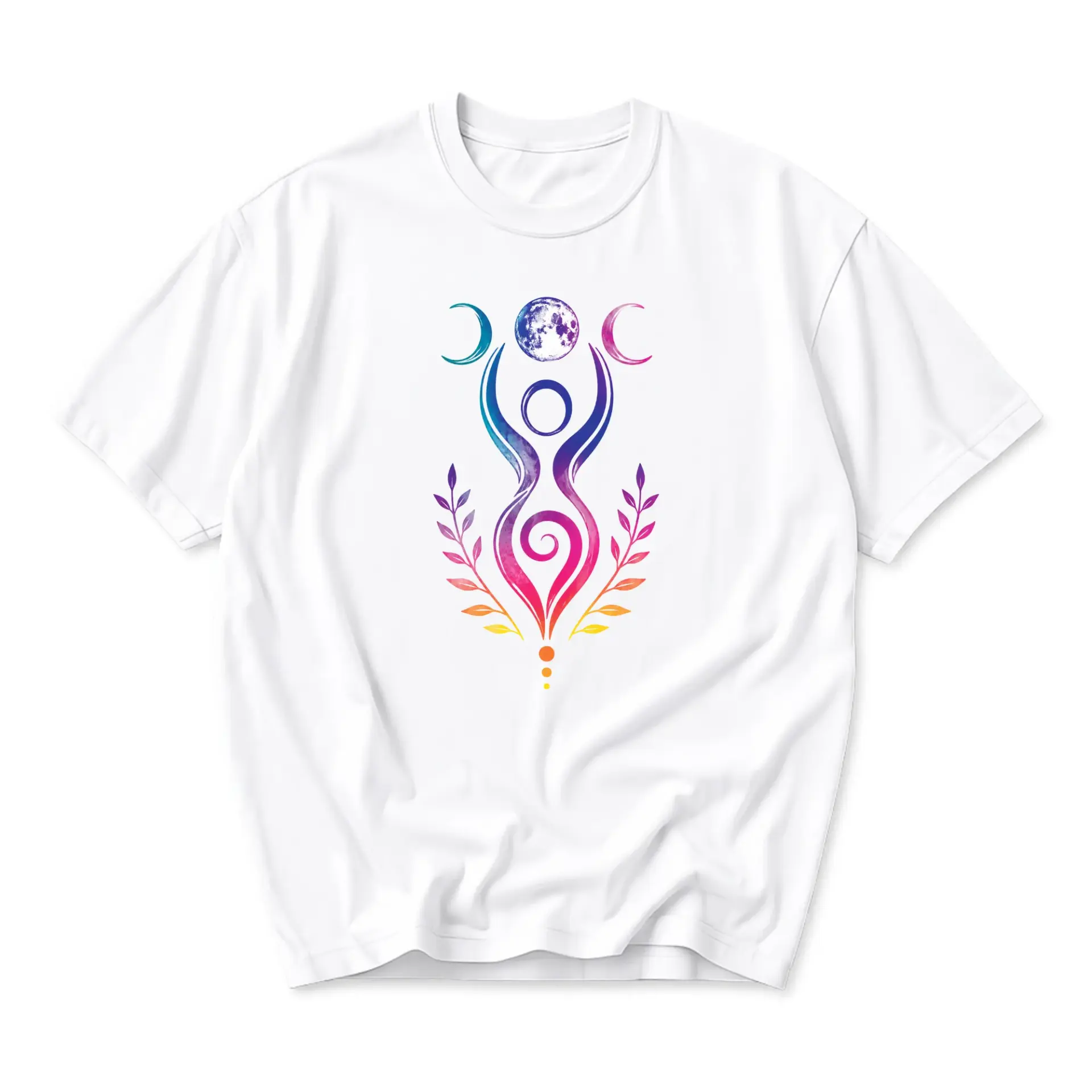 Graphic Tee Unisex Casual Crew Neck T-Shirt Featuring Colorful Artistic Goddess Symbol and Moon Phase Illustration