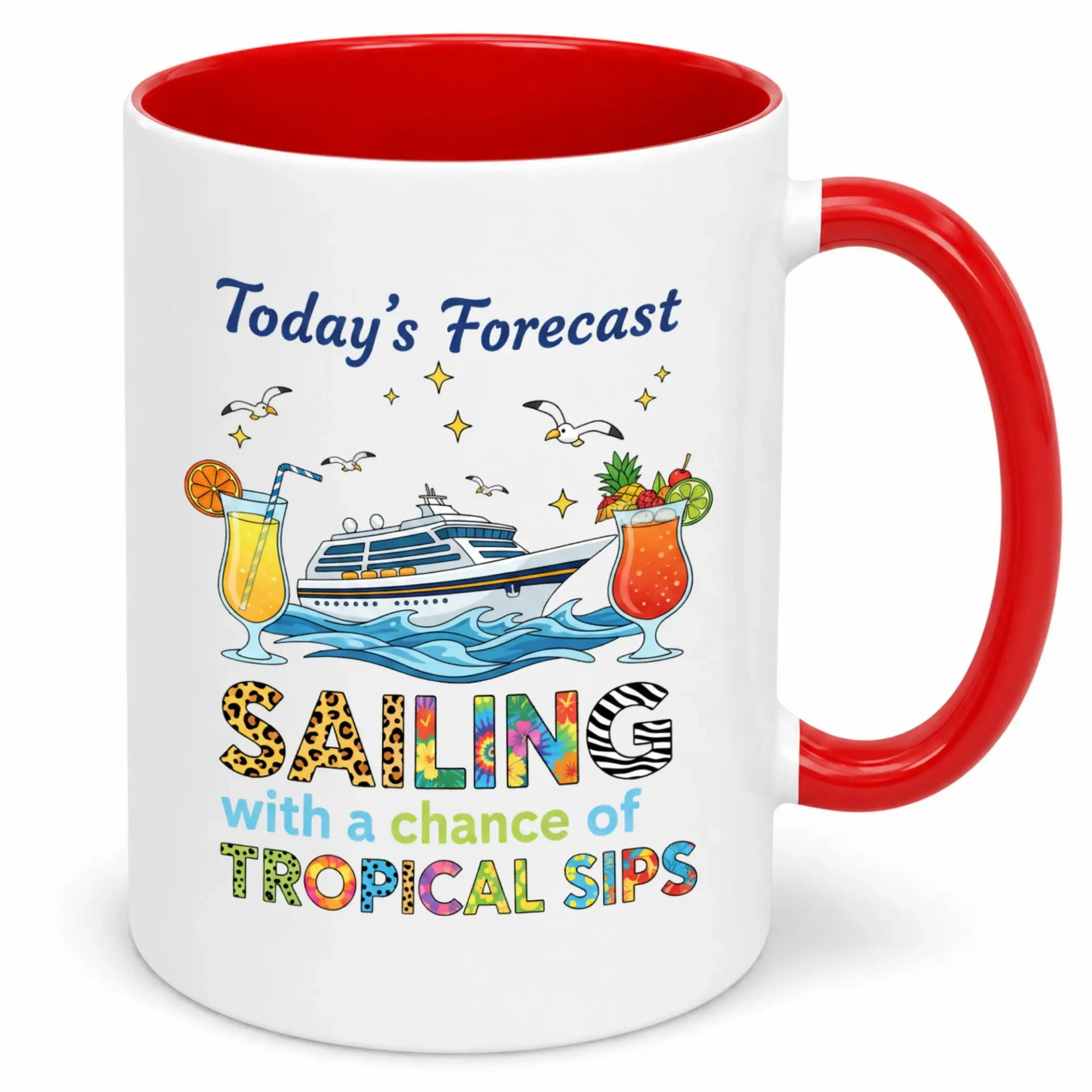 Funny Cruise Ship Forecast Coffee Mug Tropical Sailing Adventure Ceramic Beverage Cup for Home or Office Unique Vacation Gift Idea