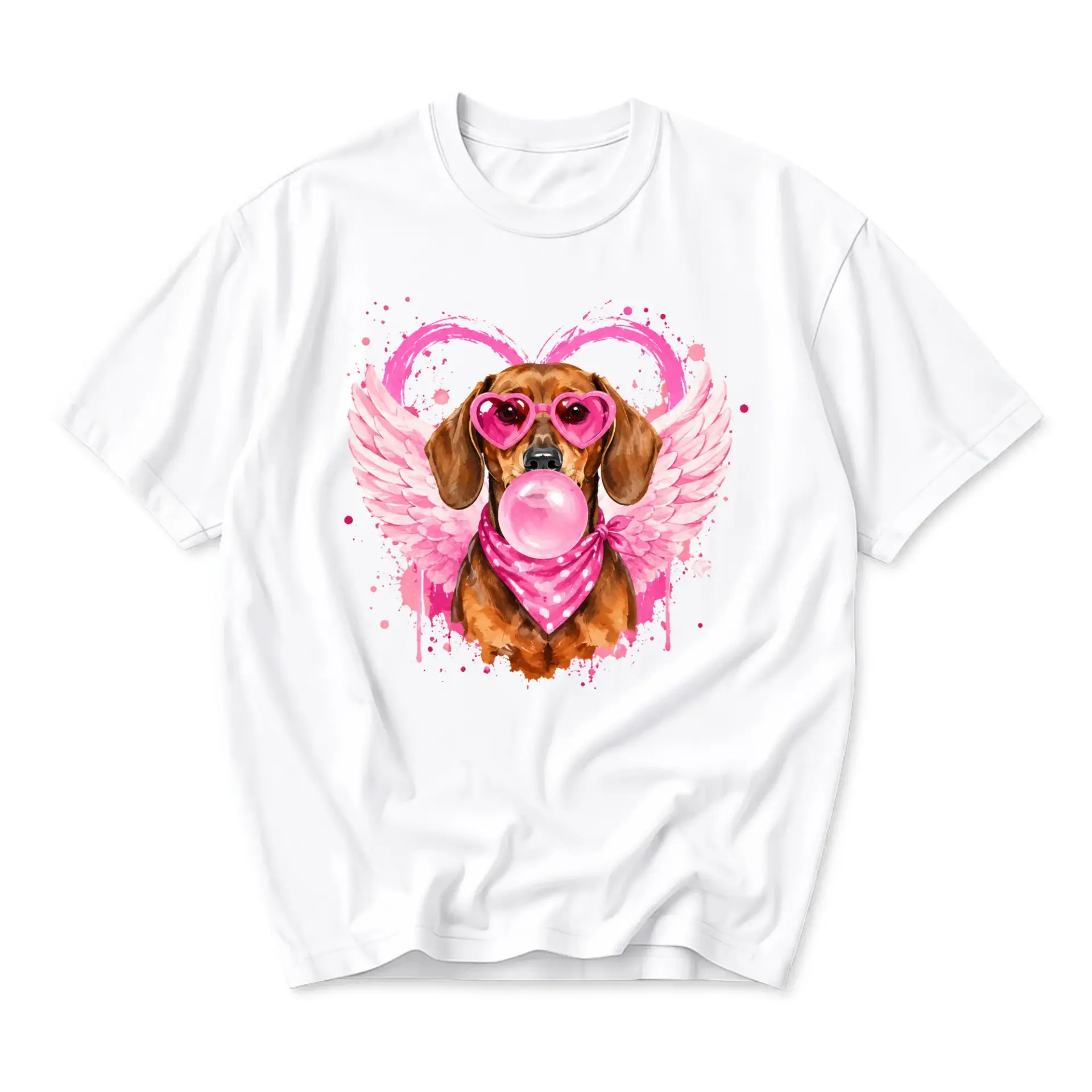 Graphic Tee Dachshund Dog Wearing Heart Sunglasses Blowing Pink Bubblegum Print Unisex Cotton Crew Neck Casual Shirt
