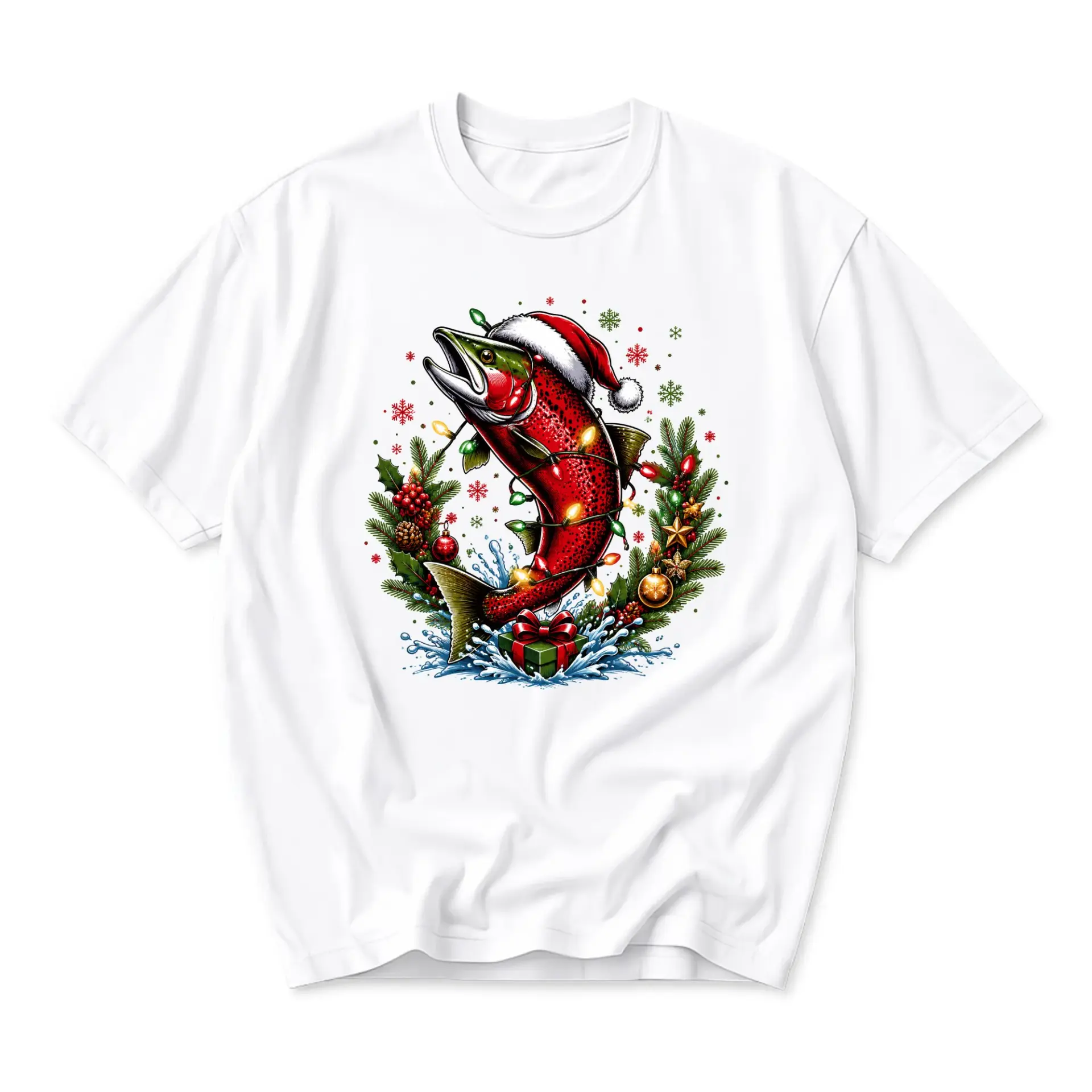 Graphic Tee Christmas Fishing Holiday Shirt Unisex Crew Neck Short Sleeve