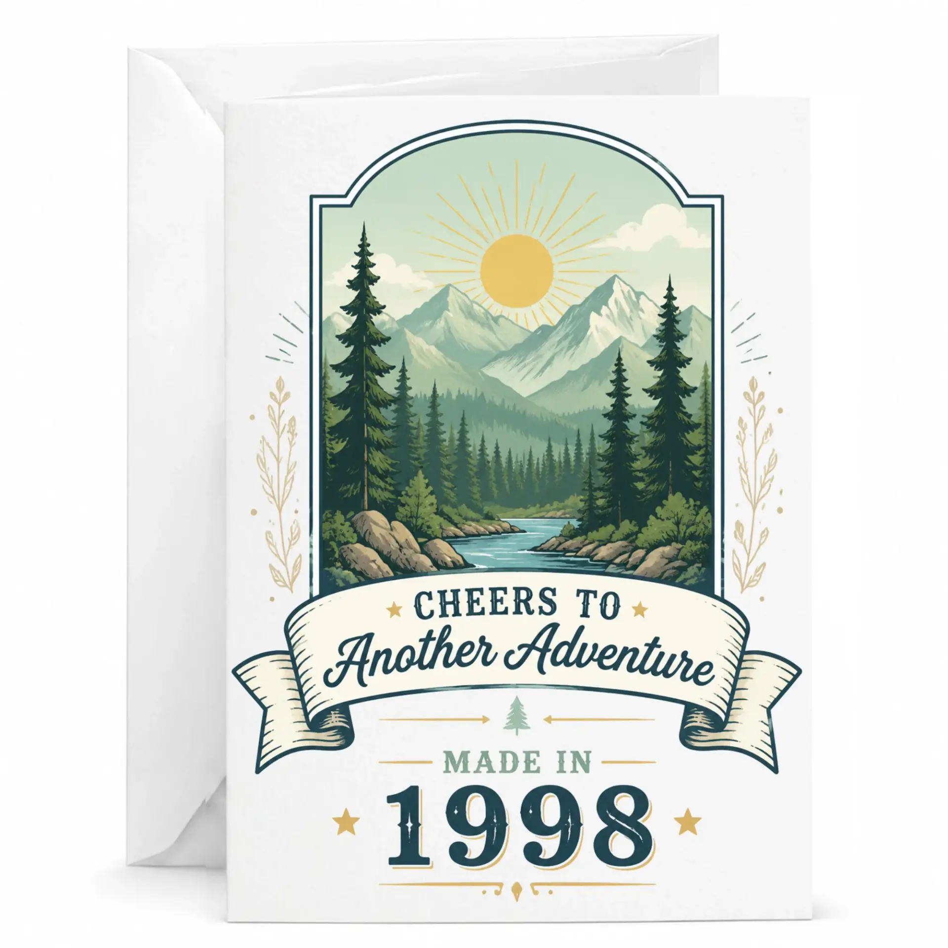Greeting Card Cheers to Another Adventure 1998 Vintage Mountain Landscape Design Folded 5x7 Card with White Envelope