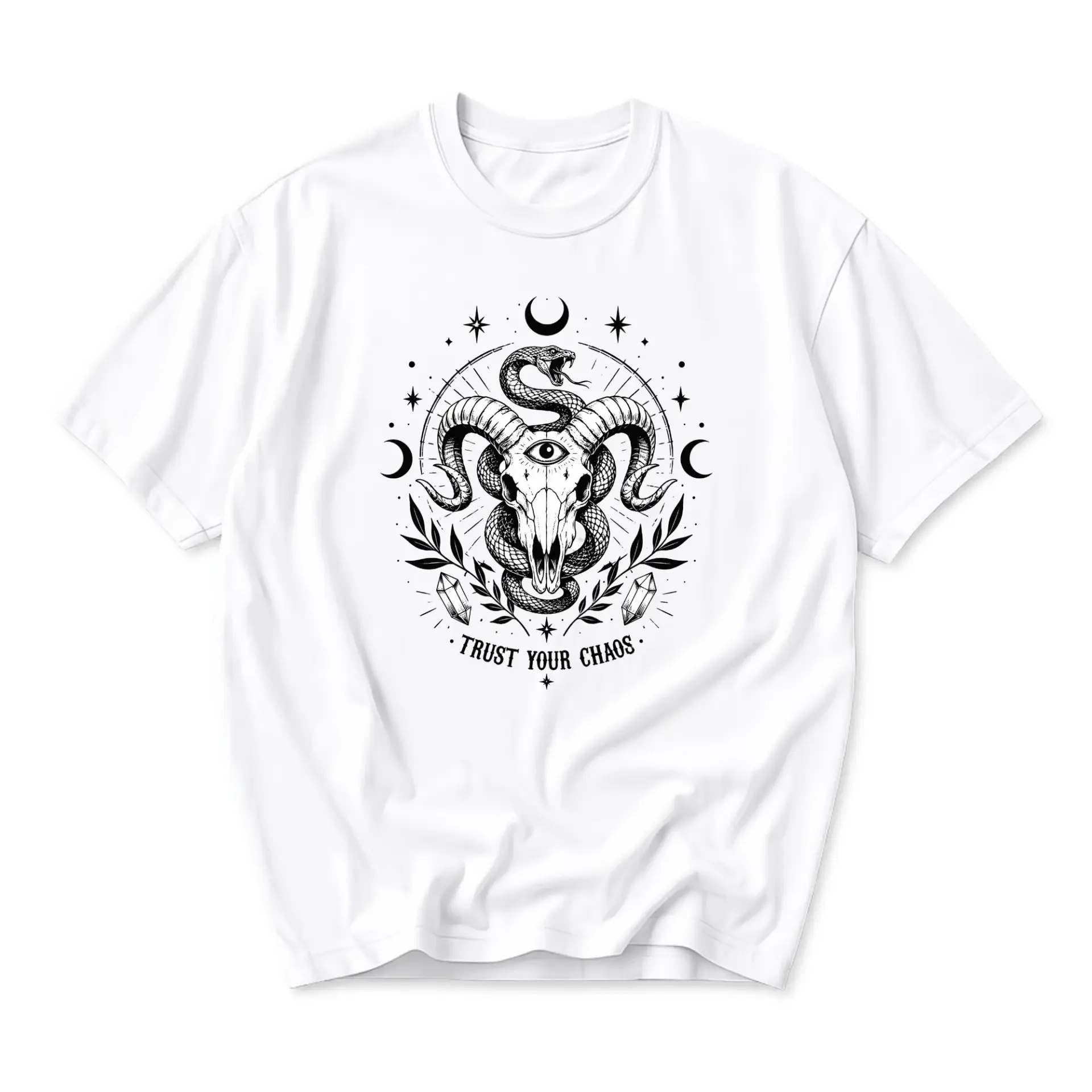 Graphic Tee Unisex Crew Neck T-Shirt Trust Your Chaos Occult Serpent Ram Skull Design Casual Short Sleeve Top