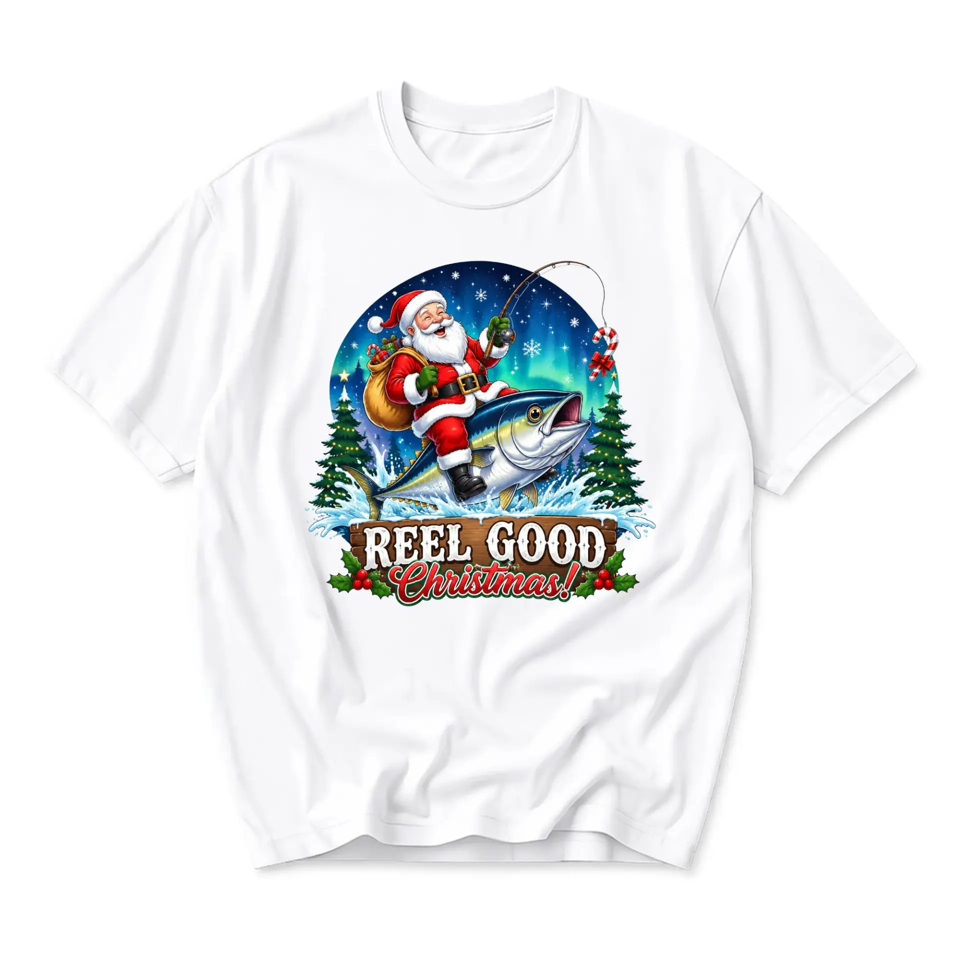 Funny Shirt Reel Good Christmas T-Shirt Santa Claus Fishing Graphic Tee Holiday Seasonal Apparel for Men and Women