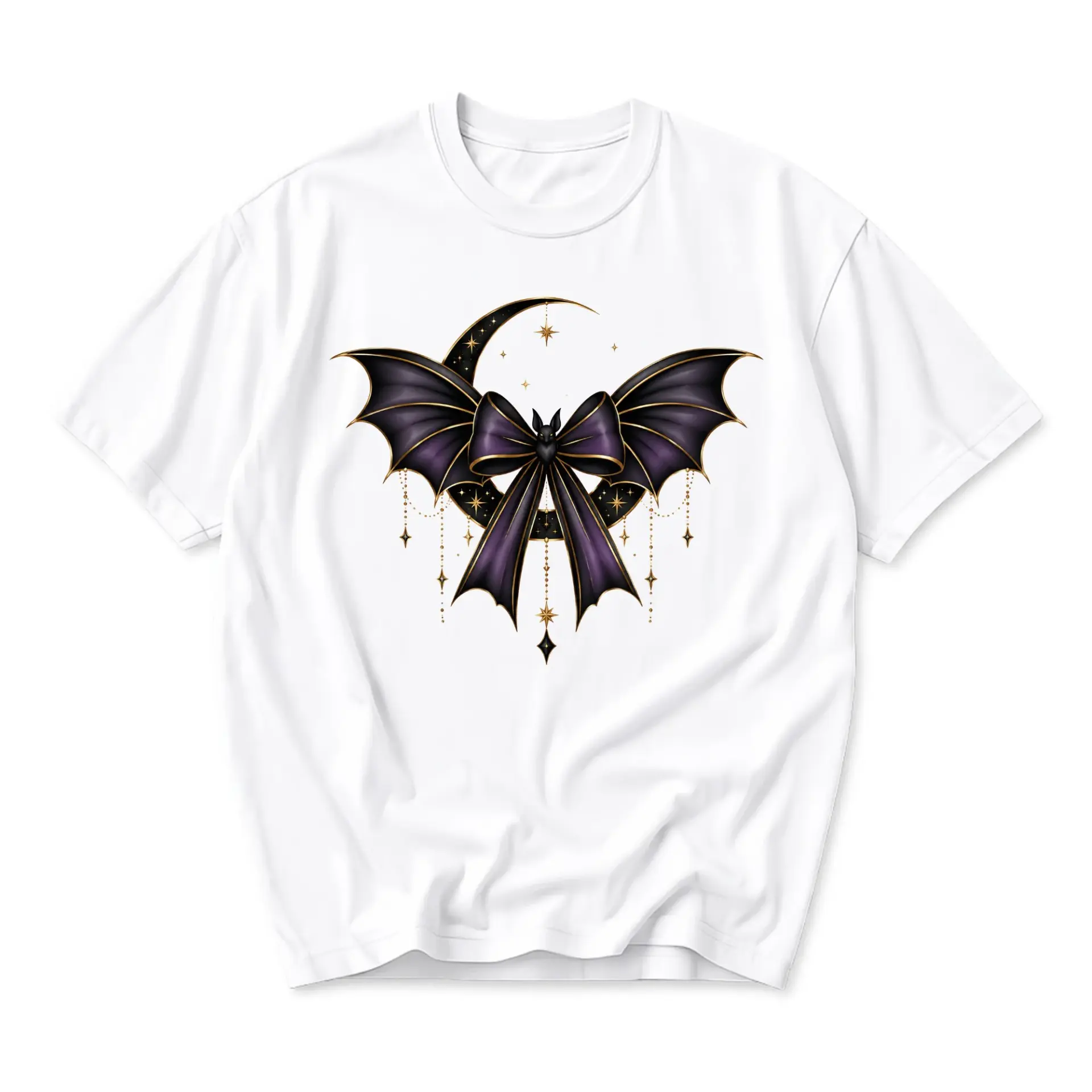 Graphic Tee Gothic Bat Ribbon Crescent Moon Illustration Unisex Crew Neck Short Sleeve Cotton Casual Shirt