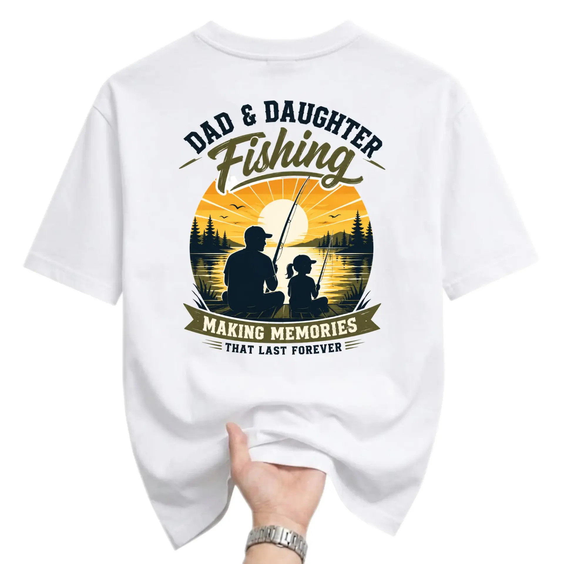 Graphic Tee Dad and Daughter Fishing Making Memories Unisex Crew Neck Casual Everyday Short Sleeve T-Shirt White