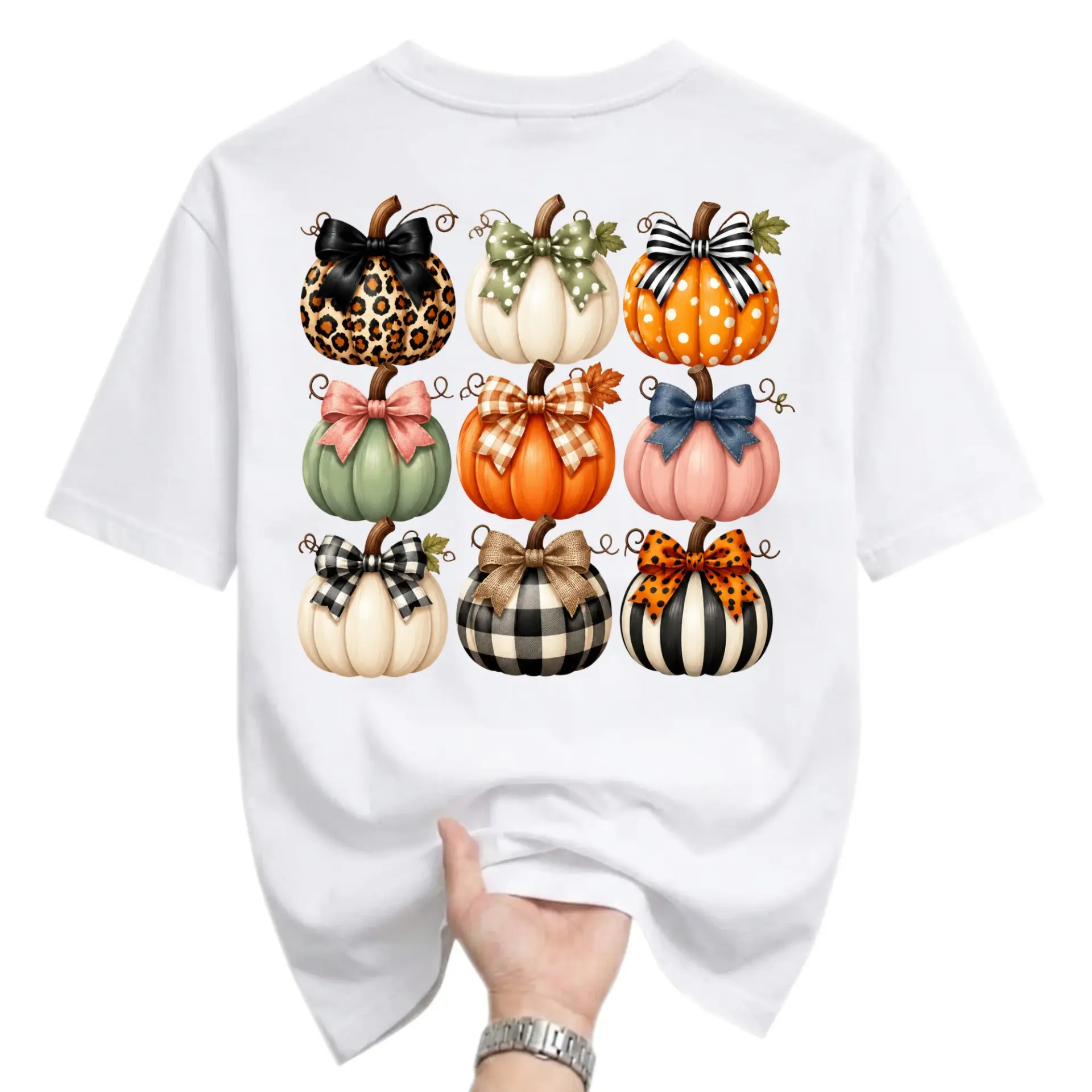 T-shirt Graphic Tee Featuring Festive Fall Pumpkins with Decorative Bows Pattern Unisex Casual Cotton Crew Neck Top