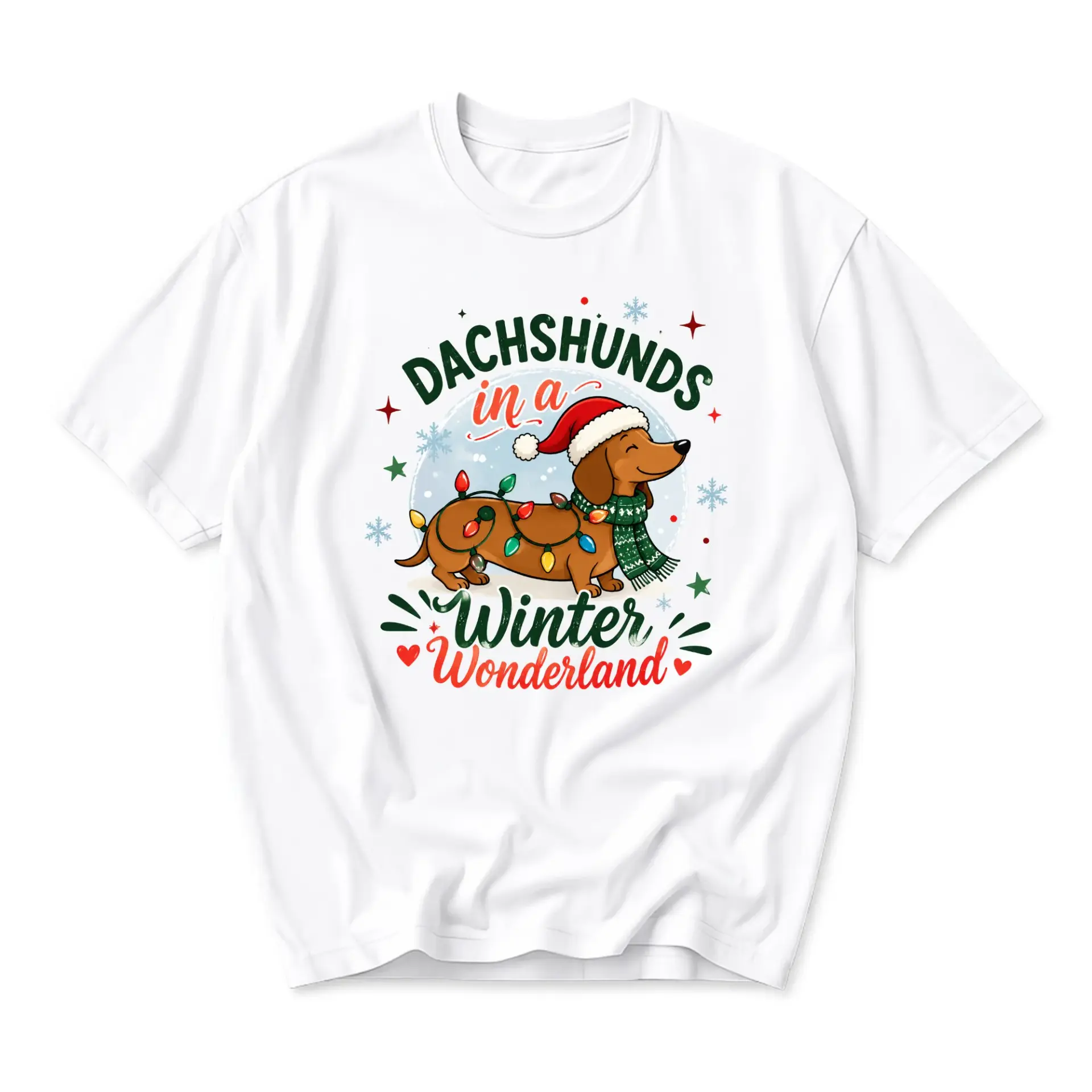 Funny Shirt Dachshunds in a Winter Wonderland Graphic Tee Unisex Crew Neck Short Sleeve Holiday Casual Top White
