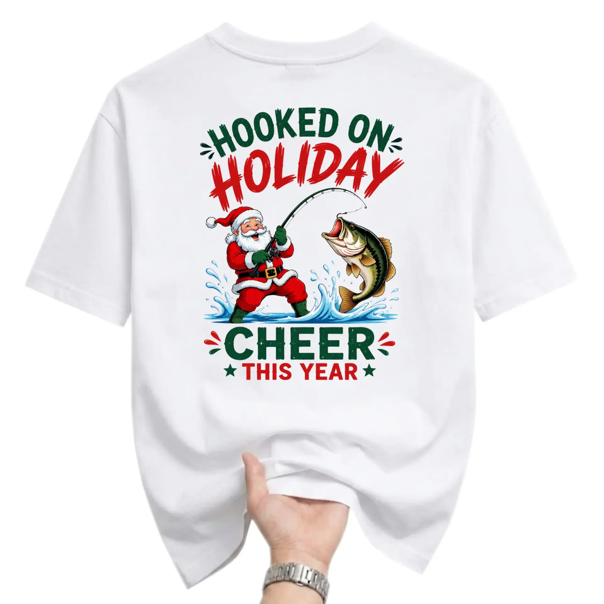 Graphic Tee on Holiday Cheer Fishing Santa Claus Season Casual Short Sleeve