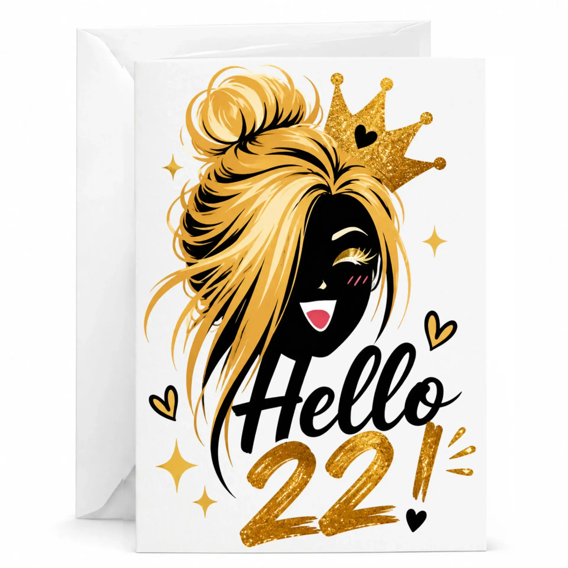 Birthday Card Hello 22 Glitter Crown Design Premium Greeting Card for Twenty Second Birthday Celebration